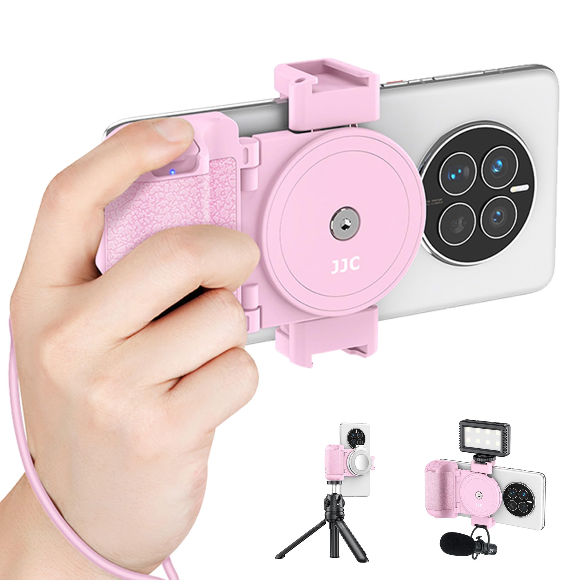Kiorafoto Phone Camera Grip Smartphone Photography Shooting Clip With Tripod Mount & Detachable Wireless Shutter Remote Control, Phone Selfie Grip Handle Stand For Iphone Samsung Android Phone Vlog Video Pink