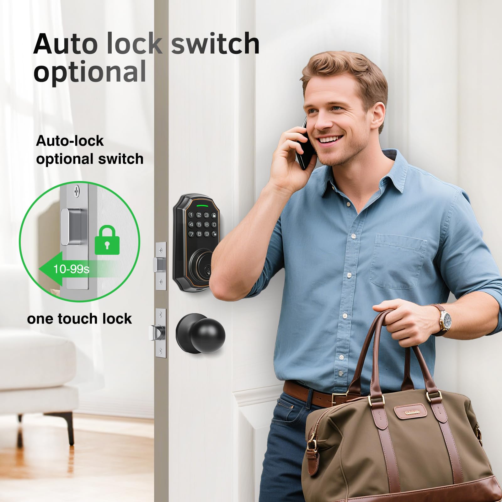 Subpot Smart Keyless Entry Door Lock With 2 Knobs,Front Door Lock Handle Set,Electronic Digital Keypad Deadbolt,Auto Lock,50 User Codes,Voice Prompts,Anti-Peeking Password,Home, Apartment,Satin Nickel
