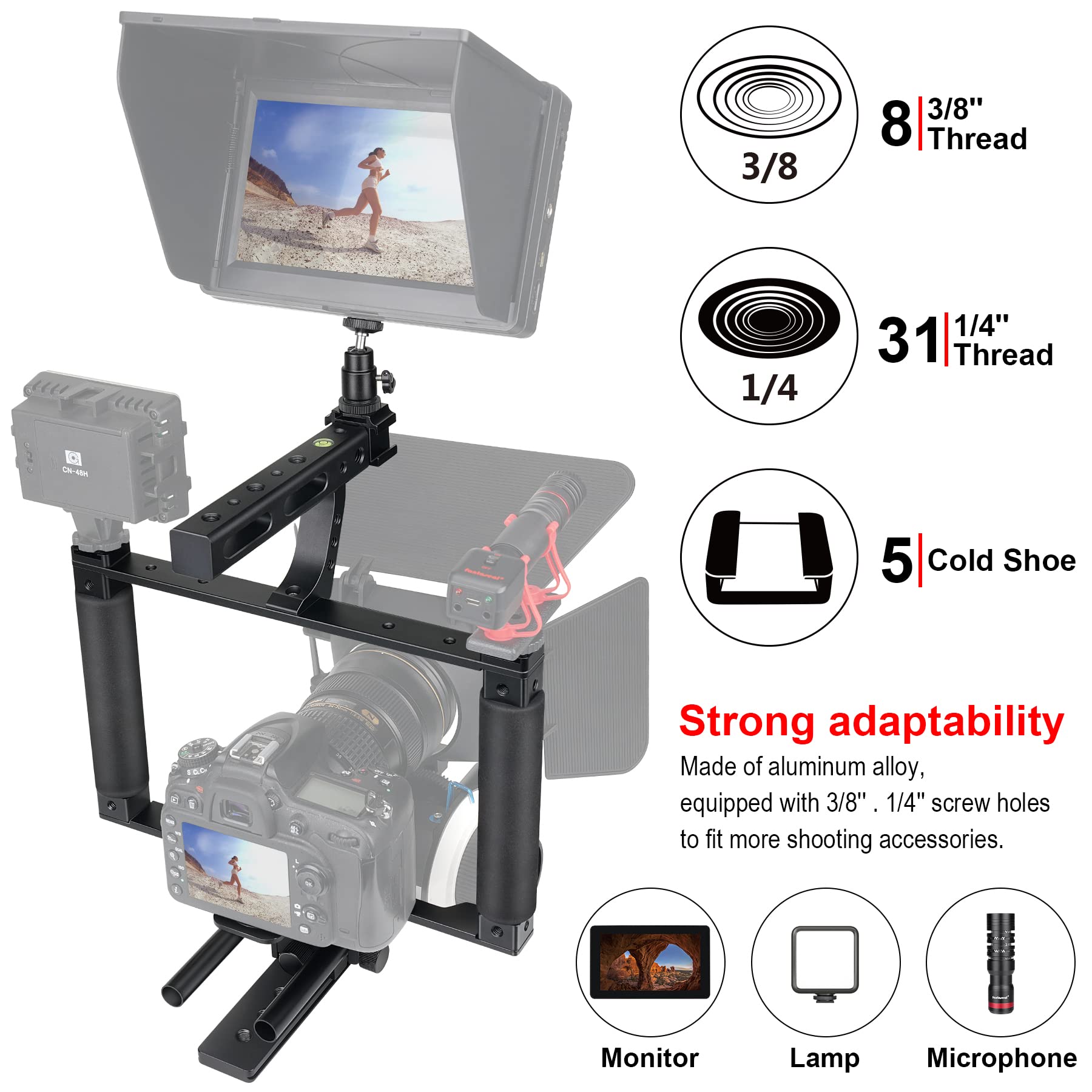 Fantaseal Universal Aluminum Alloy Dslr Mirrorless Camera Camcorder Stabilizer Extension Cage Mount For Mic Monitor Light, Movie Making Rig Youtube Tiktok Vlogging Video Kit W/Phone Holder For Canon Sony Nikon