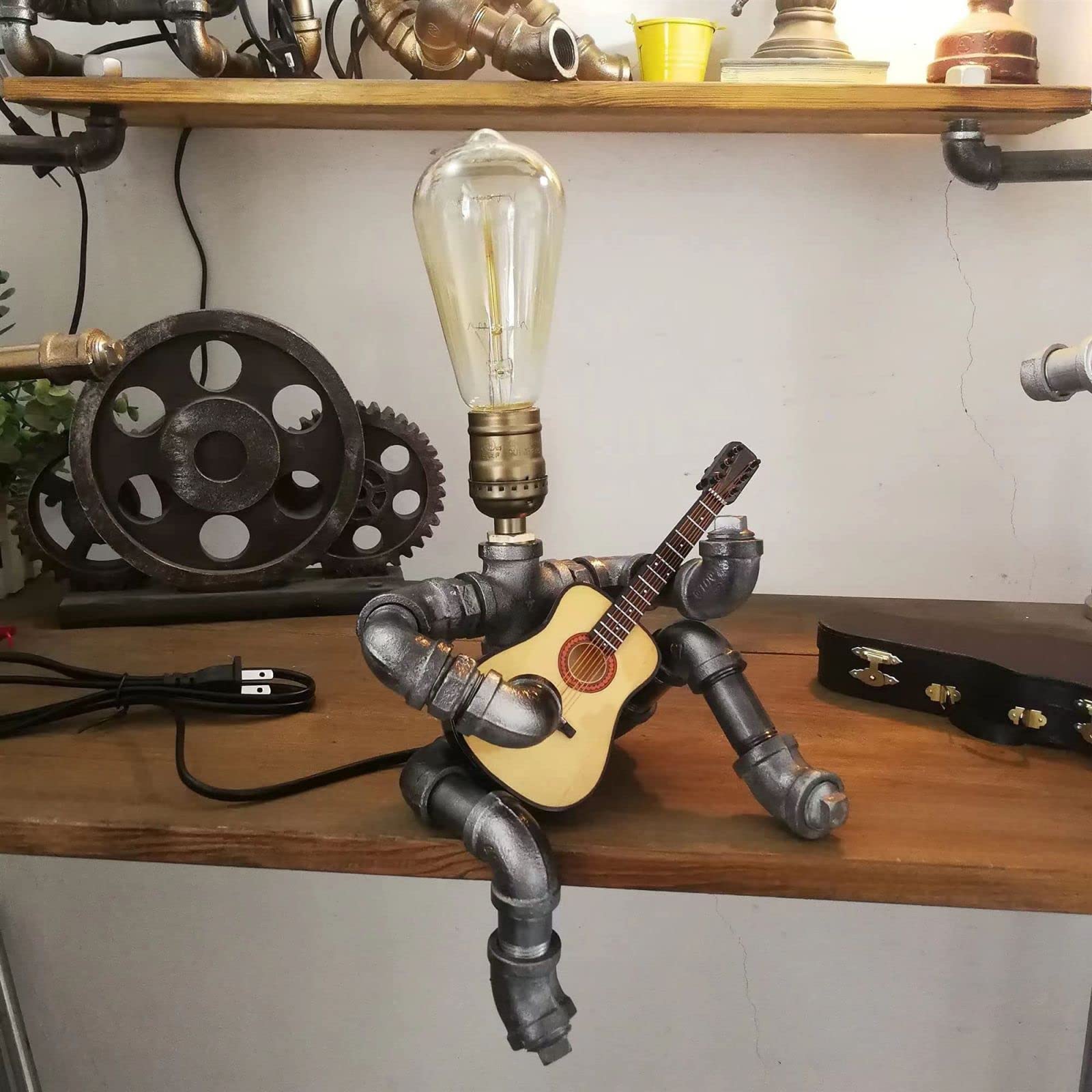 Wibota Music Guitar Table Lamp Art Decor Guitar Stuff Cool For Music Art Lovers Microphone Players For Men Steampunk Pipe Man Edison Bulb Lamps Retro Guitars Metal Pipe Industrial Robot Lights