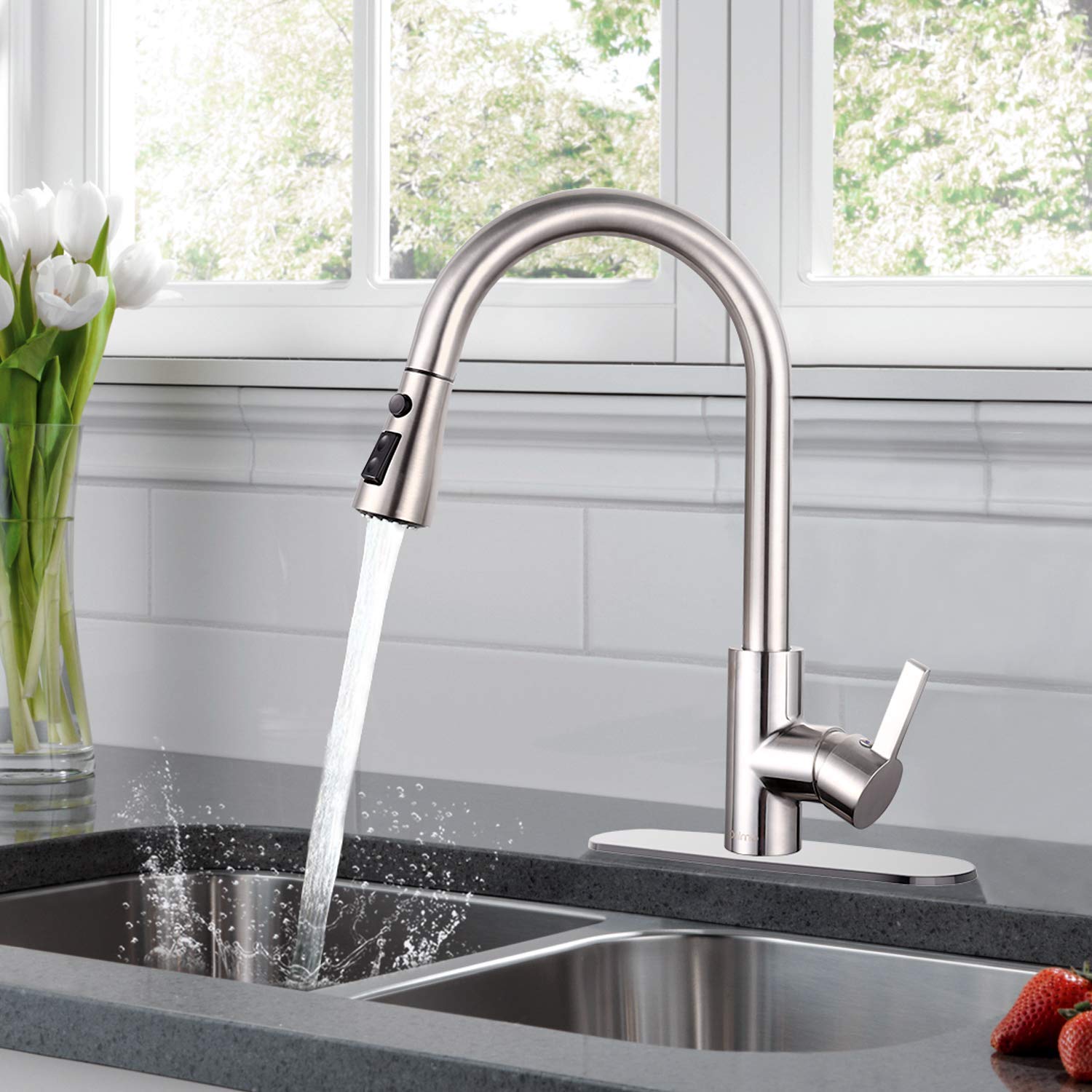 Teccpo Sink Faucet, Dalmo Single Handle High Arc Brushed Nickel Pull Down Kitchen Faucet With 3 Spray Modes, Stainless Steel Kitchen Sink Faucet With Deck Plate