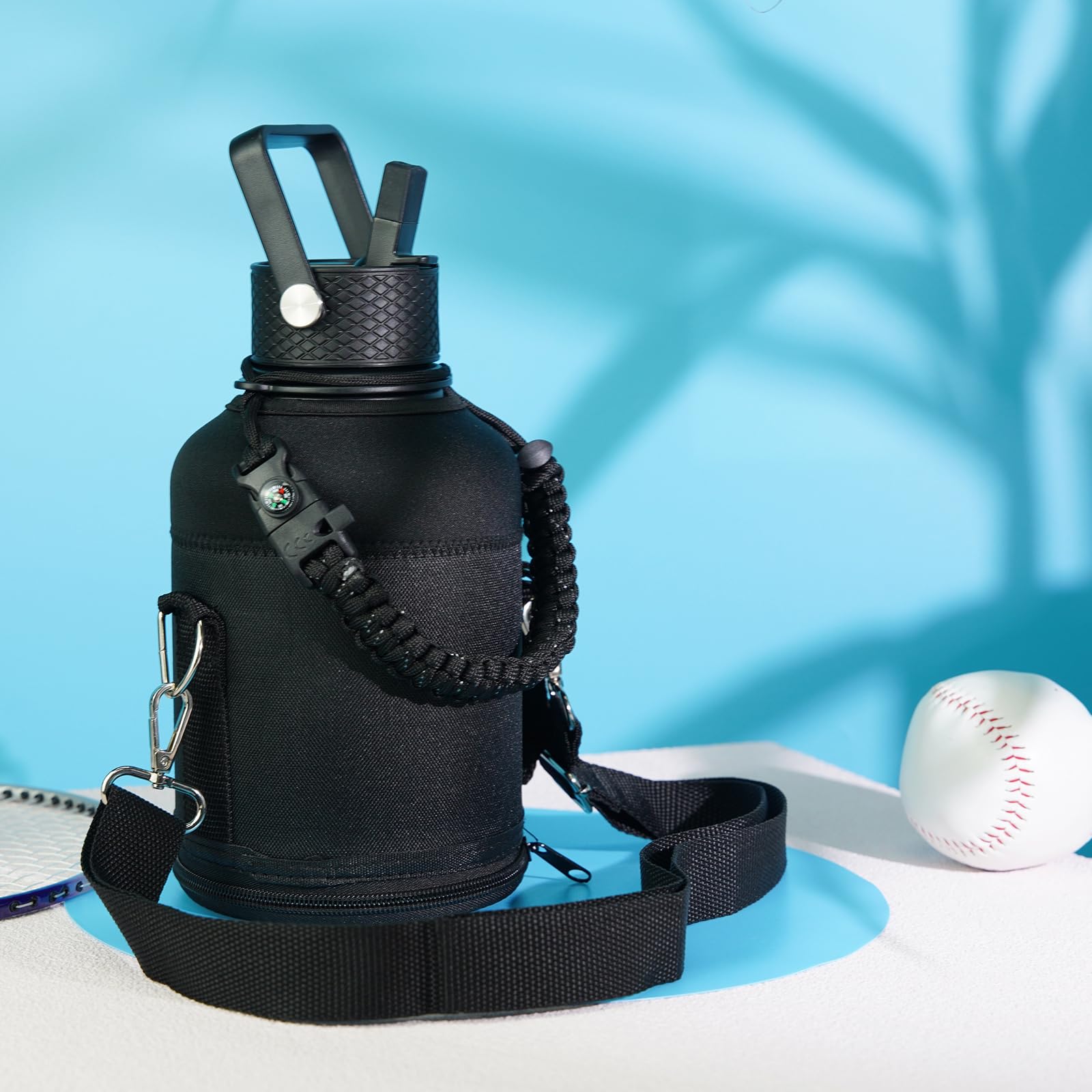 Half Gallon Insulated Water Bottle With Straw,64 Oz 3 Lids Water Jug With Carrying Bag,Paracord