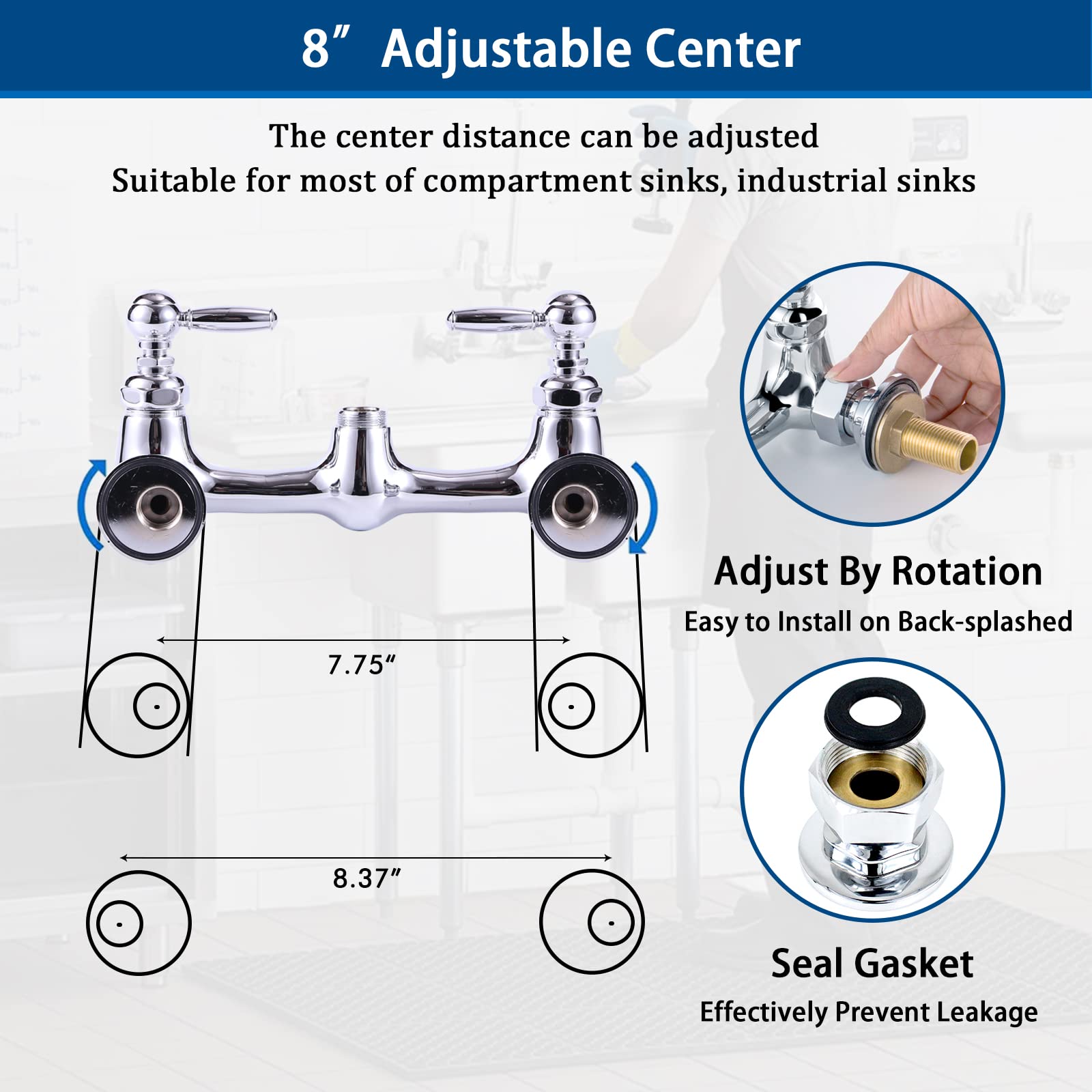 Agahpay Commercial Sink Faucet With Sprayer, 8 Inch Center Wall Mount Kitchen Faucet With 12” Swing Spout 36” Height Compartment Sink Faucet For Restaurant Industrial, Chrome Polished