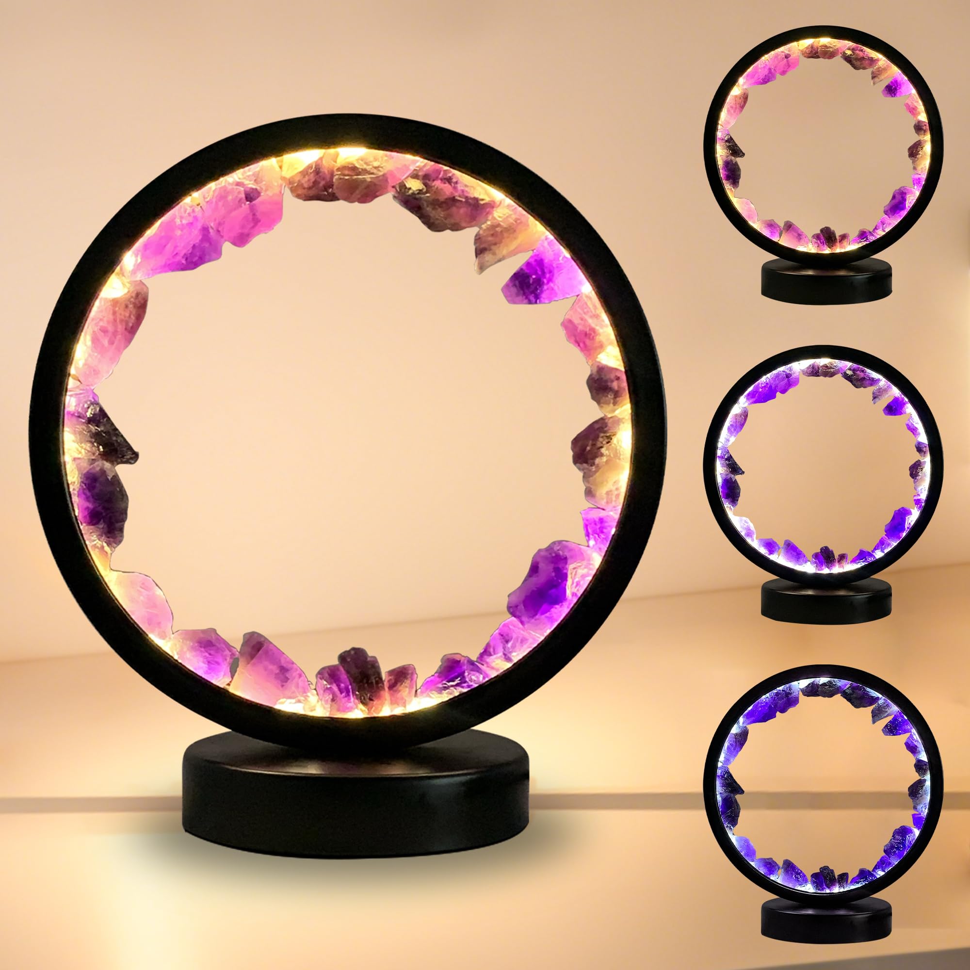 Quipzora Crystals Night Light Amethyst Table Lamp,Natural Raw Amethyst Selenite Calming Lamps Crystal Healing Stone Bedside Light With 3 Color Dimming Mode,Nightlight For Office Home Decor