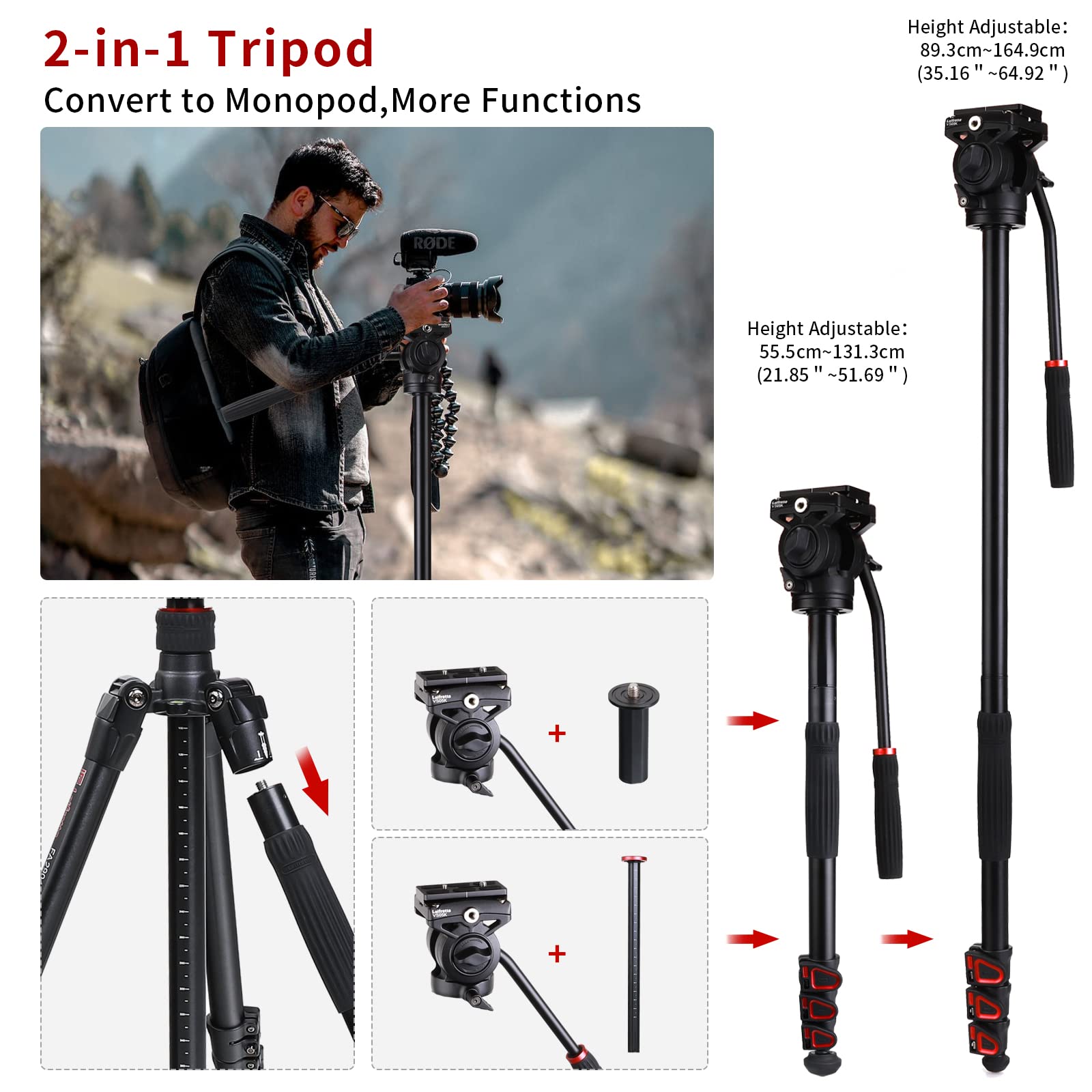 Leifrotto 62'' Camera Tripod With Fluid Head, Monopod Tripod Aluminum, For Dslr Camera Camcorder, Compatible For Cannon Nikon Camera, Max Load 11 Lbs