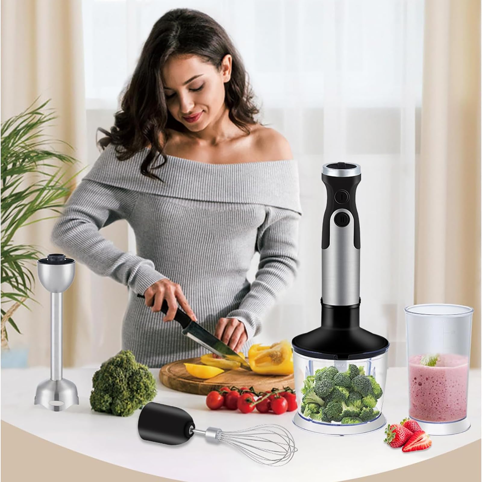Hyykeji 5 In1 Immersion Hand Blender, 1200W Stainless Steel Handheld Blender Mixer, 6 Speed Speed Adjustment, Easy To Clean, Powerful And Stable, For Smoothie, Baby Food, Sauces