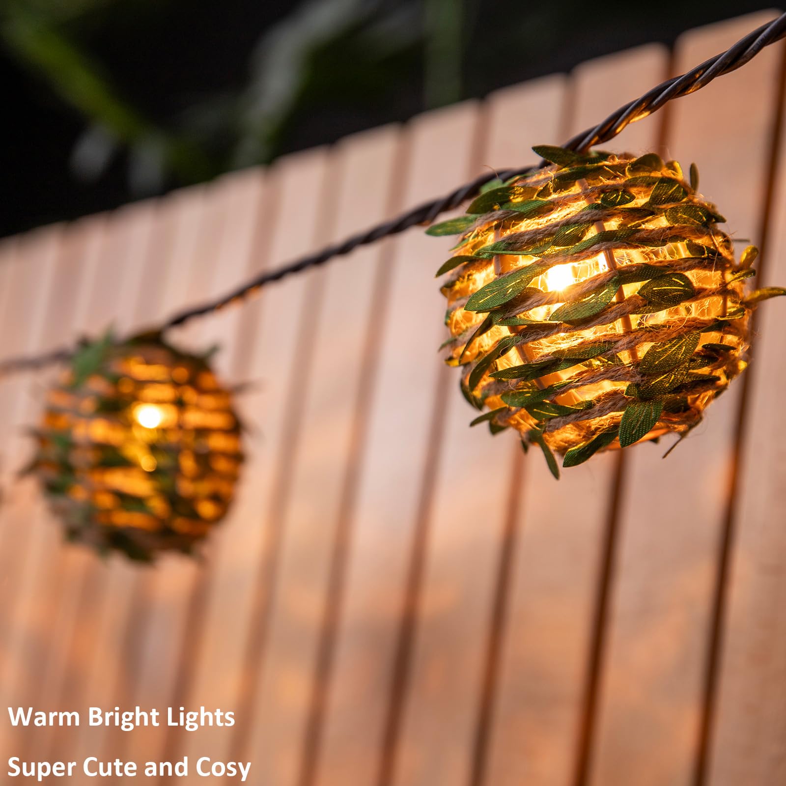 Twinkvilla Decorative Lantern String Lights, Outdoor Plug In Hanging Lights With 10 Natural Hemp Rope Leaf Balls, Connectable Weatherproof Patio Globe Boho String Lights For Home Pergola Porch Party Backyard