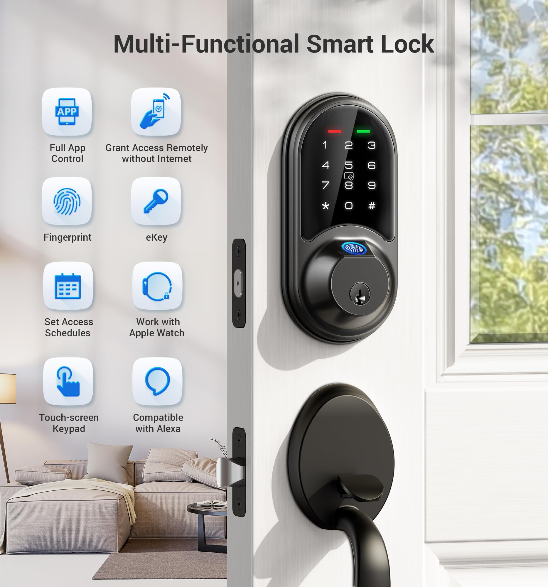 Veise Rz07 Smart Lock, Fingerprint Door Lock, 7-In-1 Keyless Entry With App Control, Electronic Touchscreen Keypad Deadbolt, Biometric Smart Locks For Front Door, Matte Black