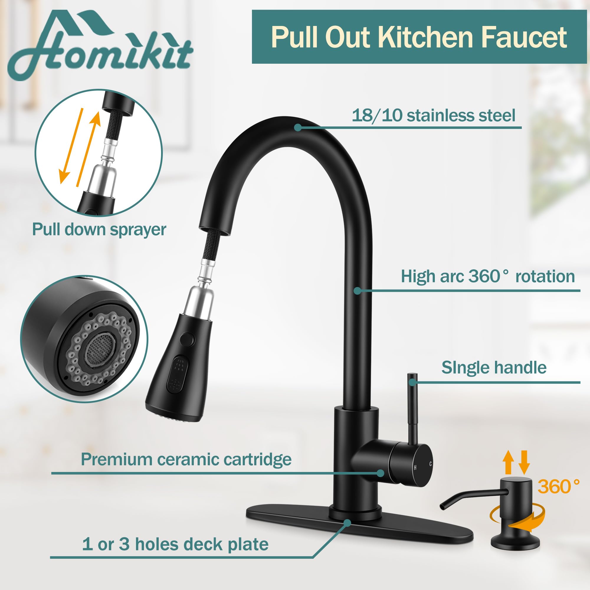 Homikit Matte Black Kitchen Sink Faucet, High Arc Stainless Steel Single Handle Kitchen Faucets With Soap Dispenser For Farmhouse Utility Camper Laundry Rv, Pull Down Sprayer & Deck Plate