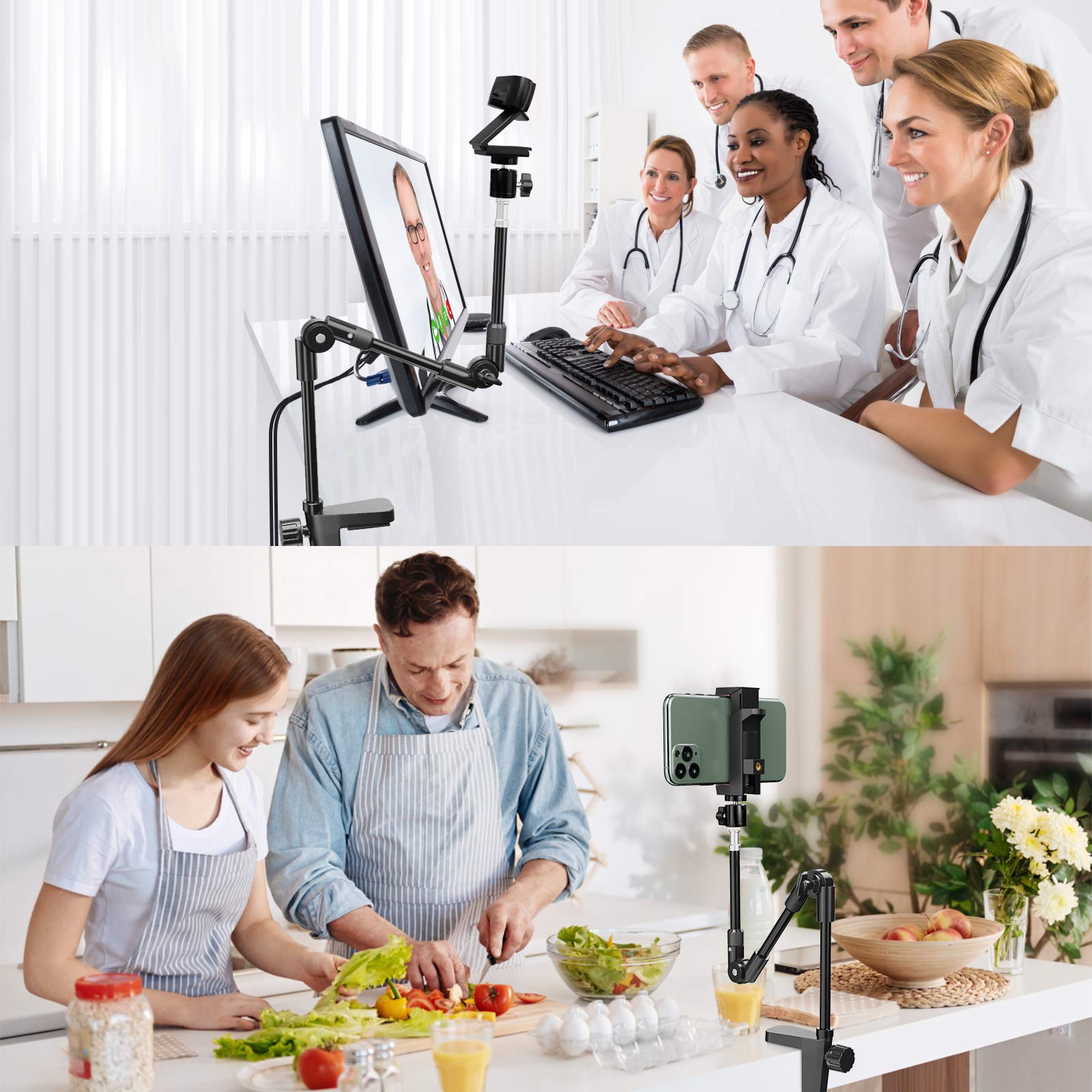 Kdd Webcam Stand Camera Mount With Phone Holder & 5/8" Screw, 25In Flexible Projector Stand Gooseneck Desk Mic Stand For Logitech C922 C930E C920 C615 C960 Brio 4K, Gopro, Blue Yeti Snowball Ice
