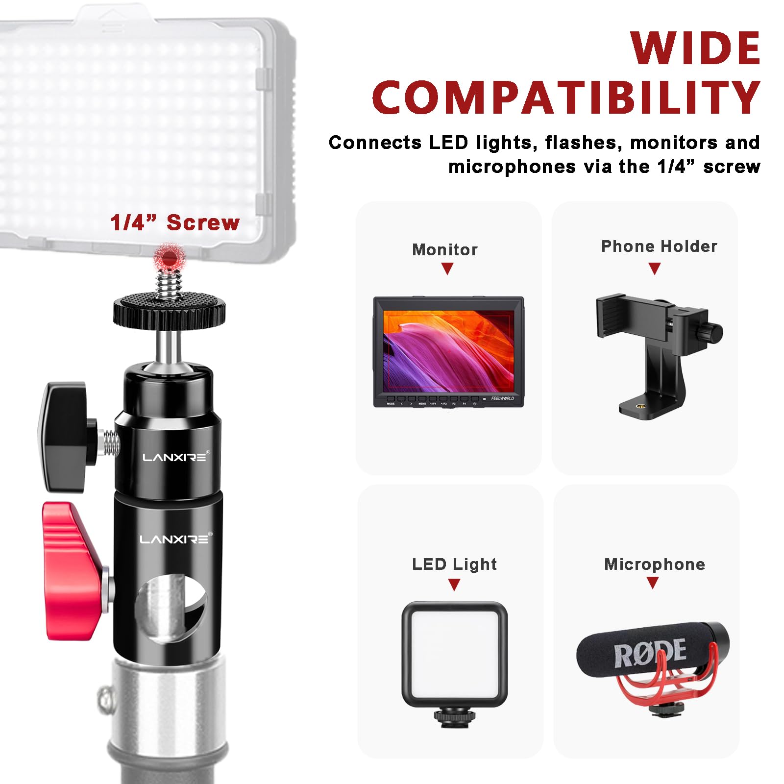 Lanxire Mini Ball Head Light Stand Mount Adapter With 1/4" Screw For Camera, Monitor & Ring Light, Quickly Converts For Flat Head Stands, Boom Arms, And C Stands