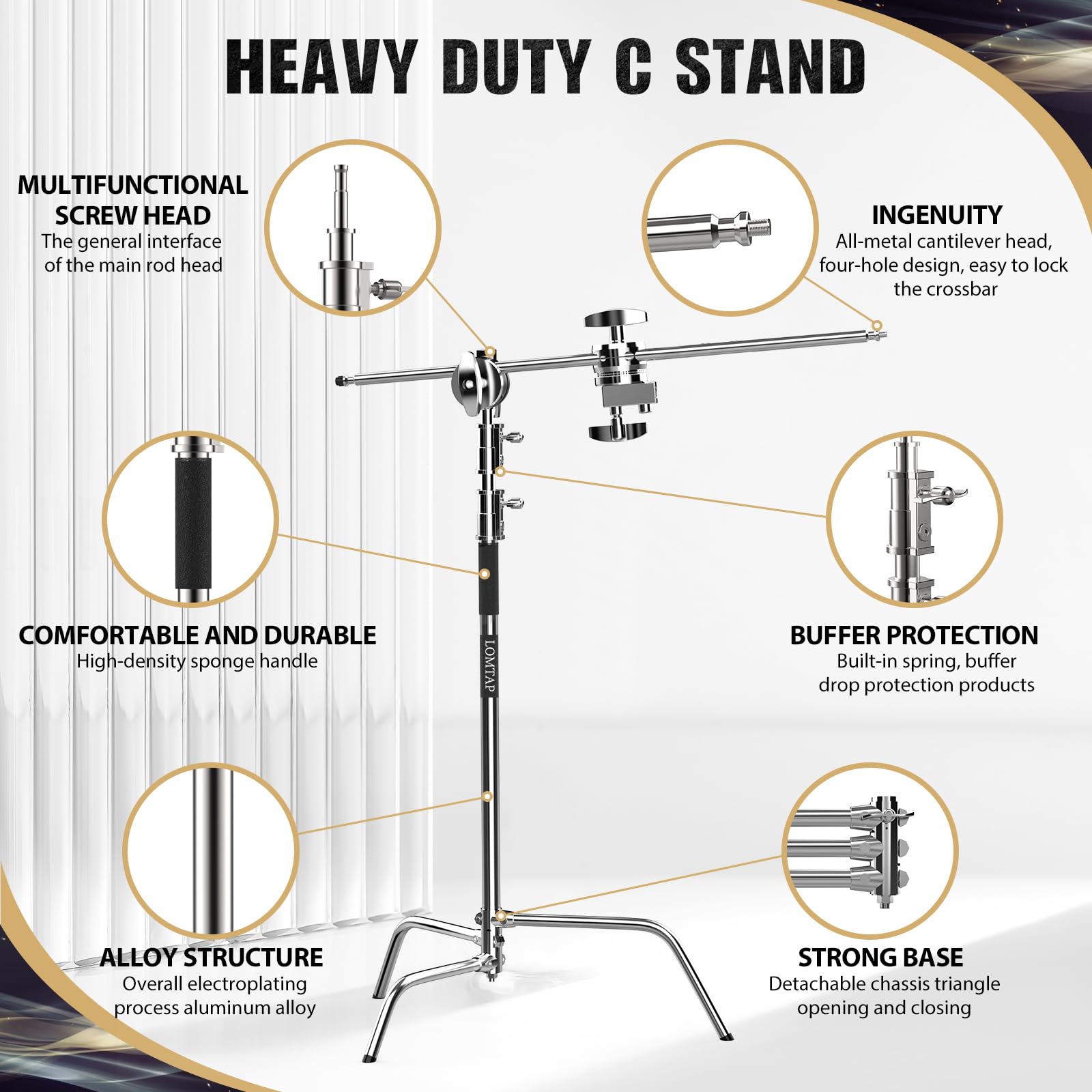 Lomtap C Stand Light Stand Stainless Metal Photography Kit - Heavy Duty 10.8Ft/330Cm Vertical Pole, 4.2Ft/128Cm Boom Arm, Adjustable Base, Water Sandbag, 2 Grip Heads, 3 Clips For Softbox, Reflector