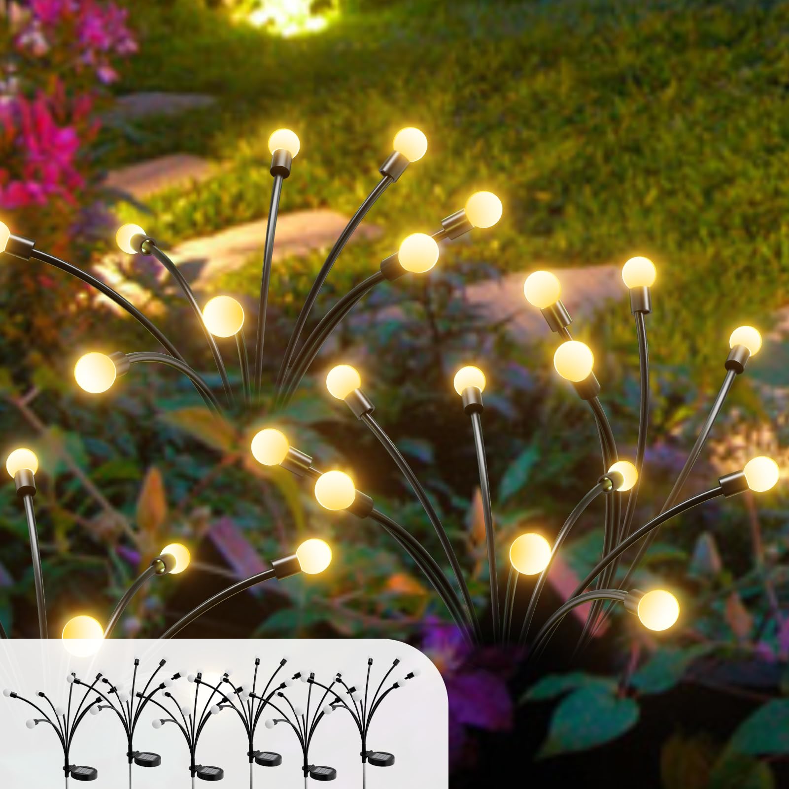 Topvelo Solar Garden Lights 6-Pack 48 Leds With Two Light Modes, Firefly Garden Lights Solar Outdoor, Swinging Garden Lights Solar Powered Waterproof For Decorating Garden (Warm White)