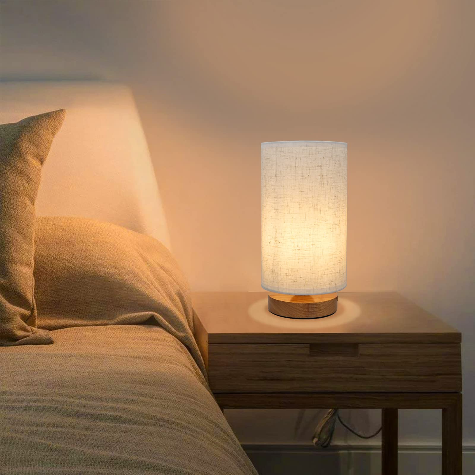 Seensiny Small Bedside Night Table Lamp For Bedroom, Minimalist Nightstand Lamp With Round Fabric Linen Shade, Study Reading Desk Lamp For Kids Room, Living Room, College Dorm, Home, Office