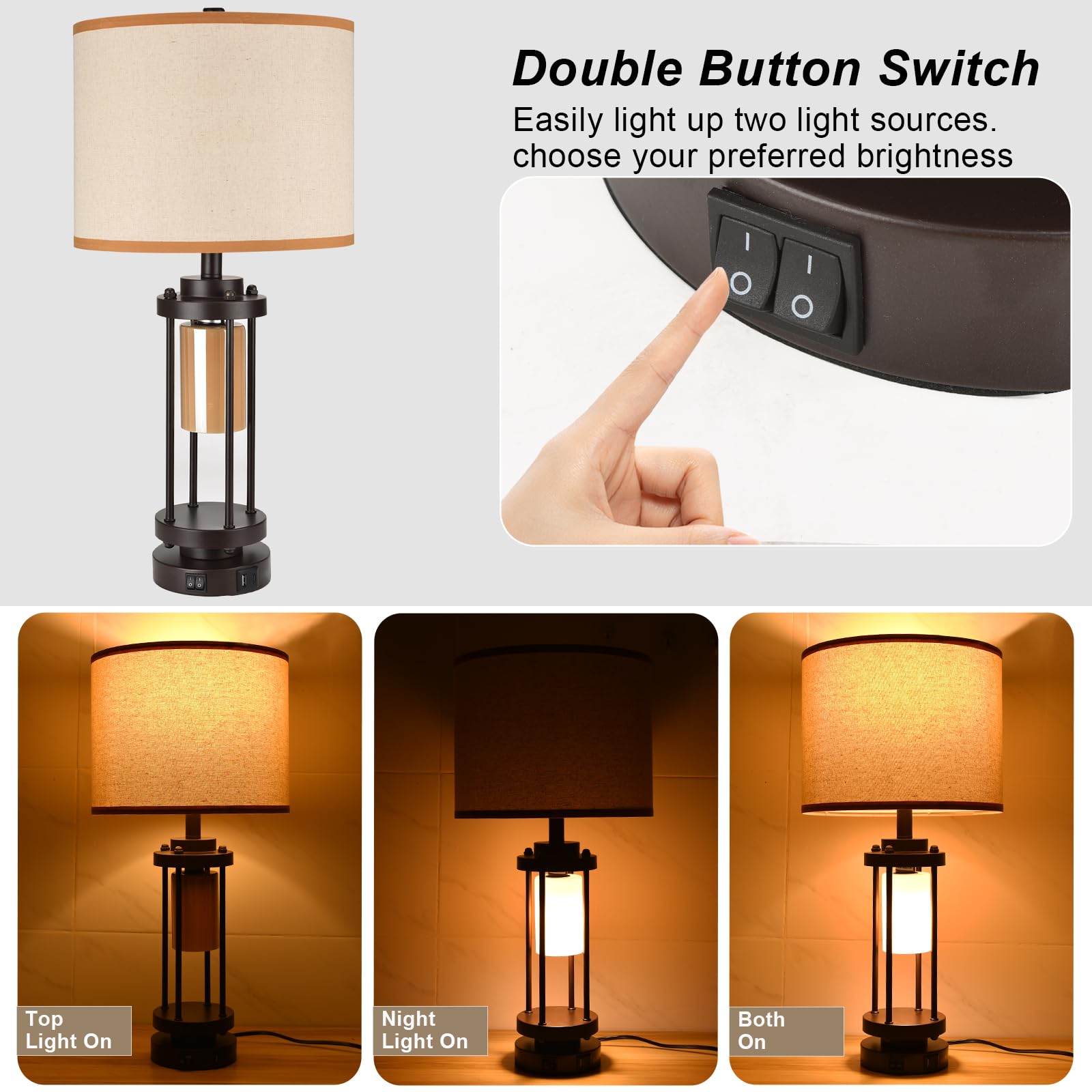 Rislg Table Lamps For Living Room, 27'' Tall Lamps Set Of 2 With Usb C+A Charge Ports, Retro Farmhouse Table Lamp For Night Stands, Rustic Bedsides Lamp With 2 Light, Industrial Nightstand Lamps For Bedroom