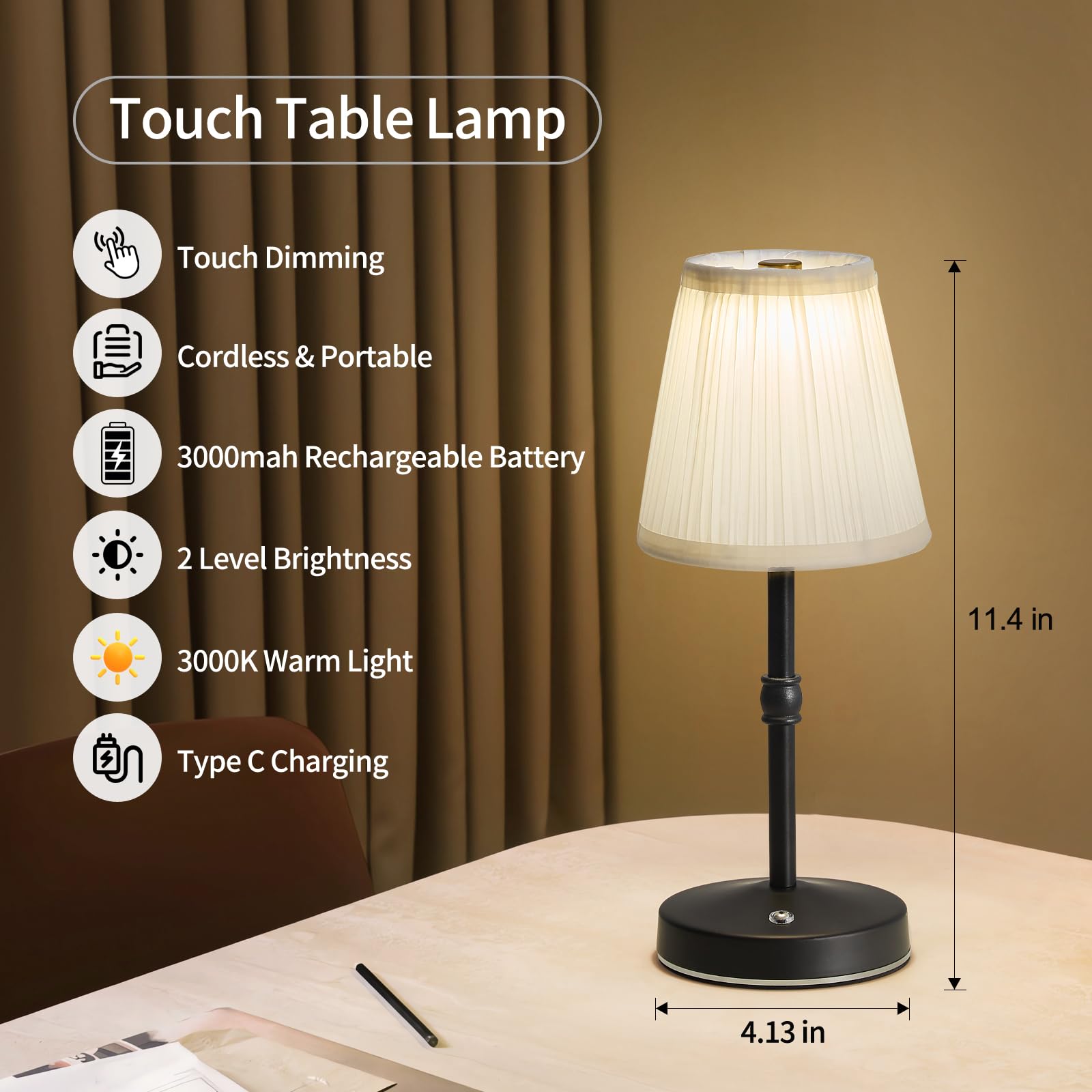 Kpshine 5W Led Cordless Lamps Rechargeable,3000Mah Battery Operated Table Lamp,3000K 2 Level Dimmable Mini Lamp,No Wire Antique Black Lamp,Cordless Lamps For Tables(Black,H11.4)