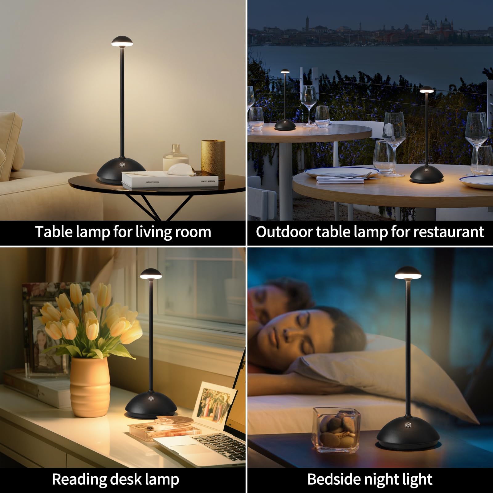 Nuanshued Rechargeable Acrylic Shade Led Table Lamp, 5000Mah Battery, 2-Level Dimmable, Black, Cordless For Bedside & Patio