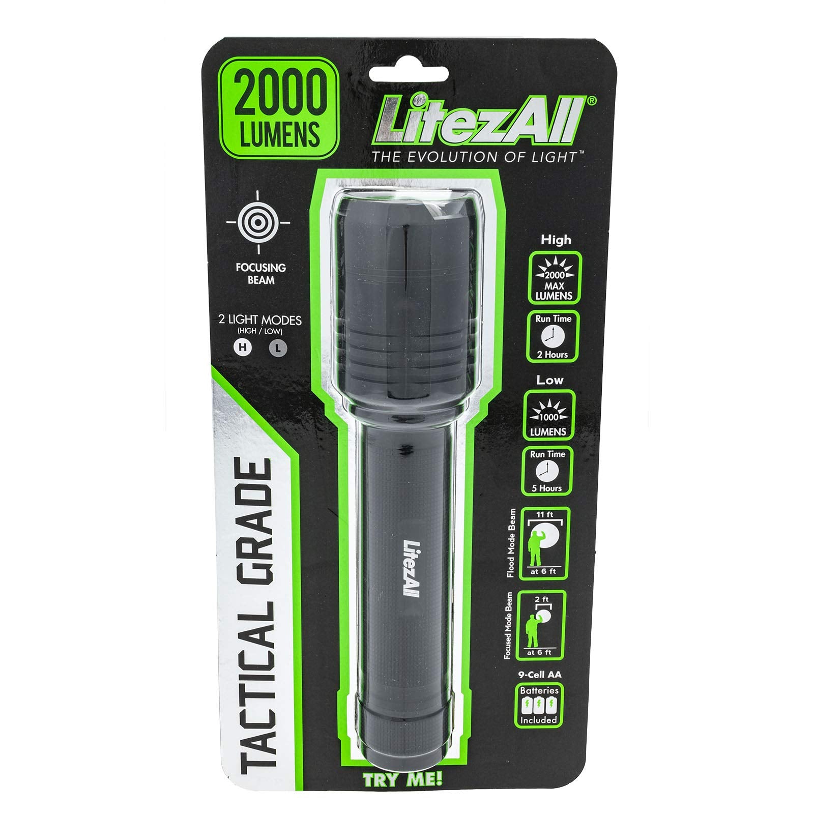 Promier Litezall Led Tactical Flashlight - 2000 High Lumen Flashlight, 2 Light Modes, Adjustable Focus, Weather Resistant For Camping, Hiking, Security And Emergency Use - Batteries Included