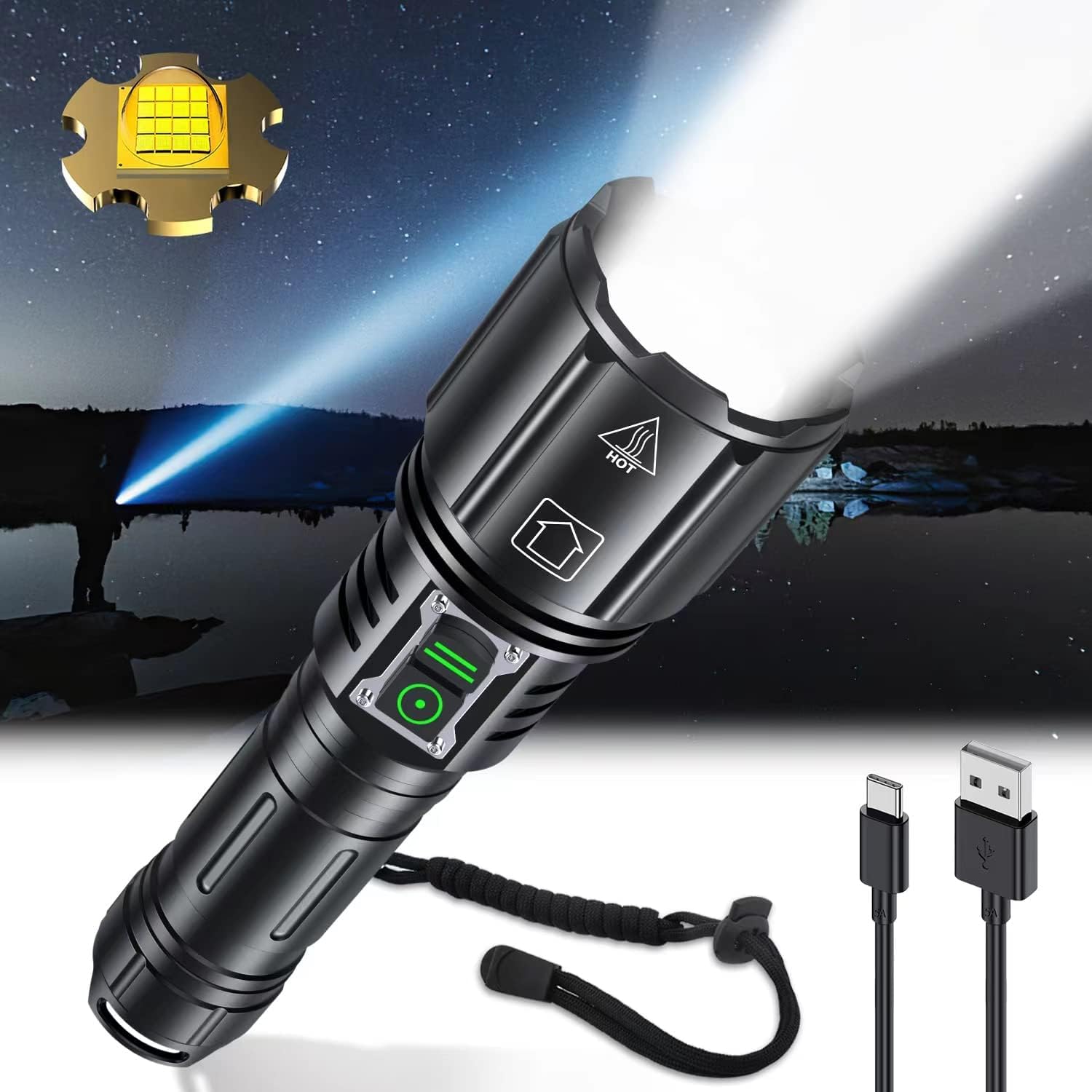Gehavin Super Bright Rechargeable Flashlight 2000.000 High Lumens,Led Powerful Flashlights With 6 Modes,High Powered Flashlight With Ip67 Waterproof,Utility Emergency Flashlight (18.5, Watt Hours) (Utility)