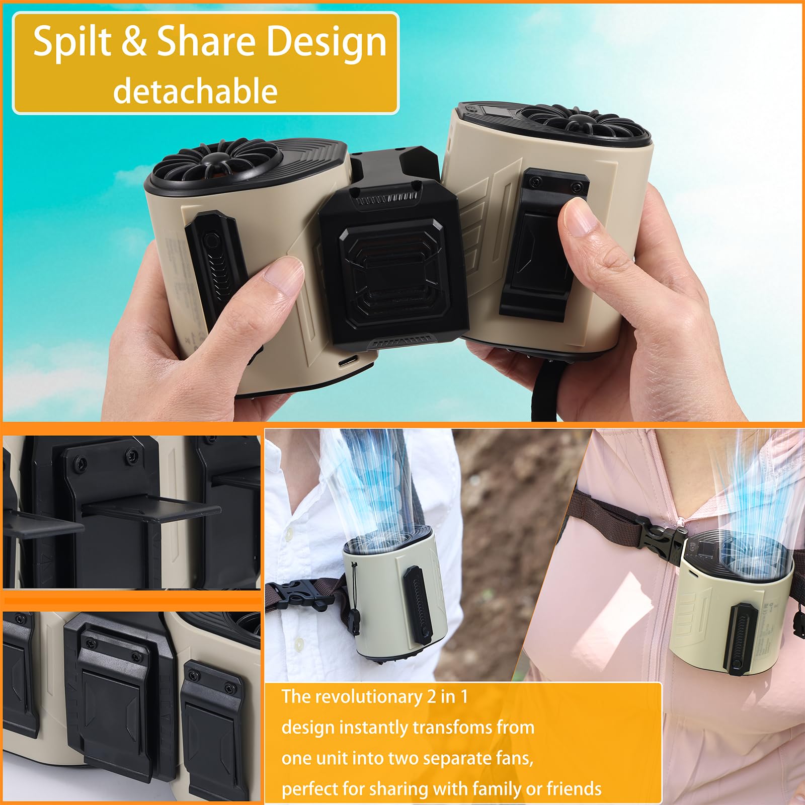Portable Waist Fan Detachable Double Fan Combination Turbo Technology10000 Mah 5-Speed 13000Rpm Clip
