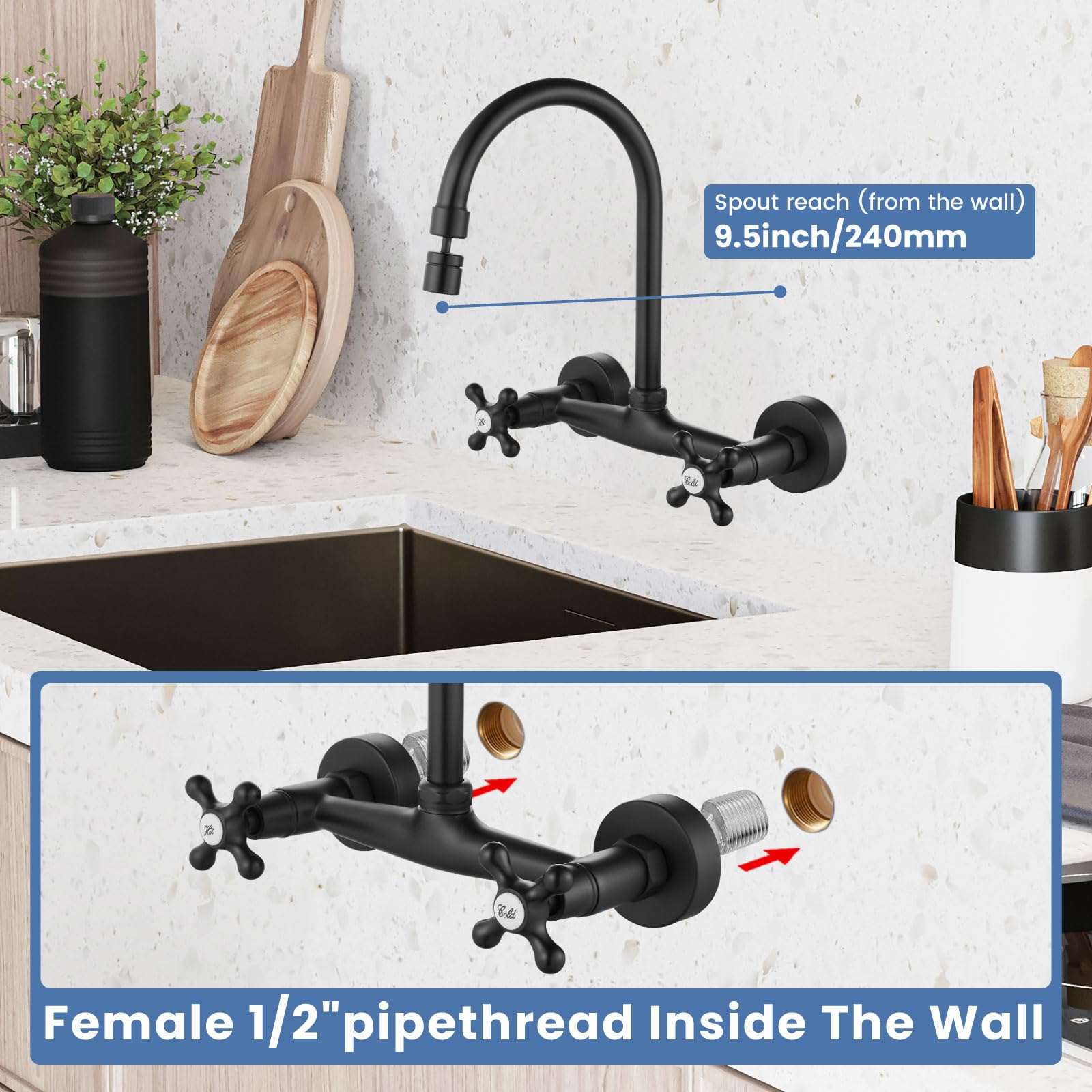 Airuida Wall Mount Kitchen Faucet With Sprayer Wall Mounted Kitchen Sink Faucet Double Cross Handles 360 Degree Swivel Spout Restaurant Mixer Tap Commercial 8 Inch Center Matte Black