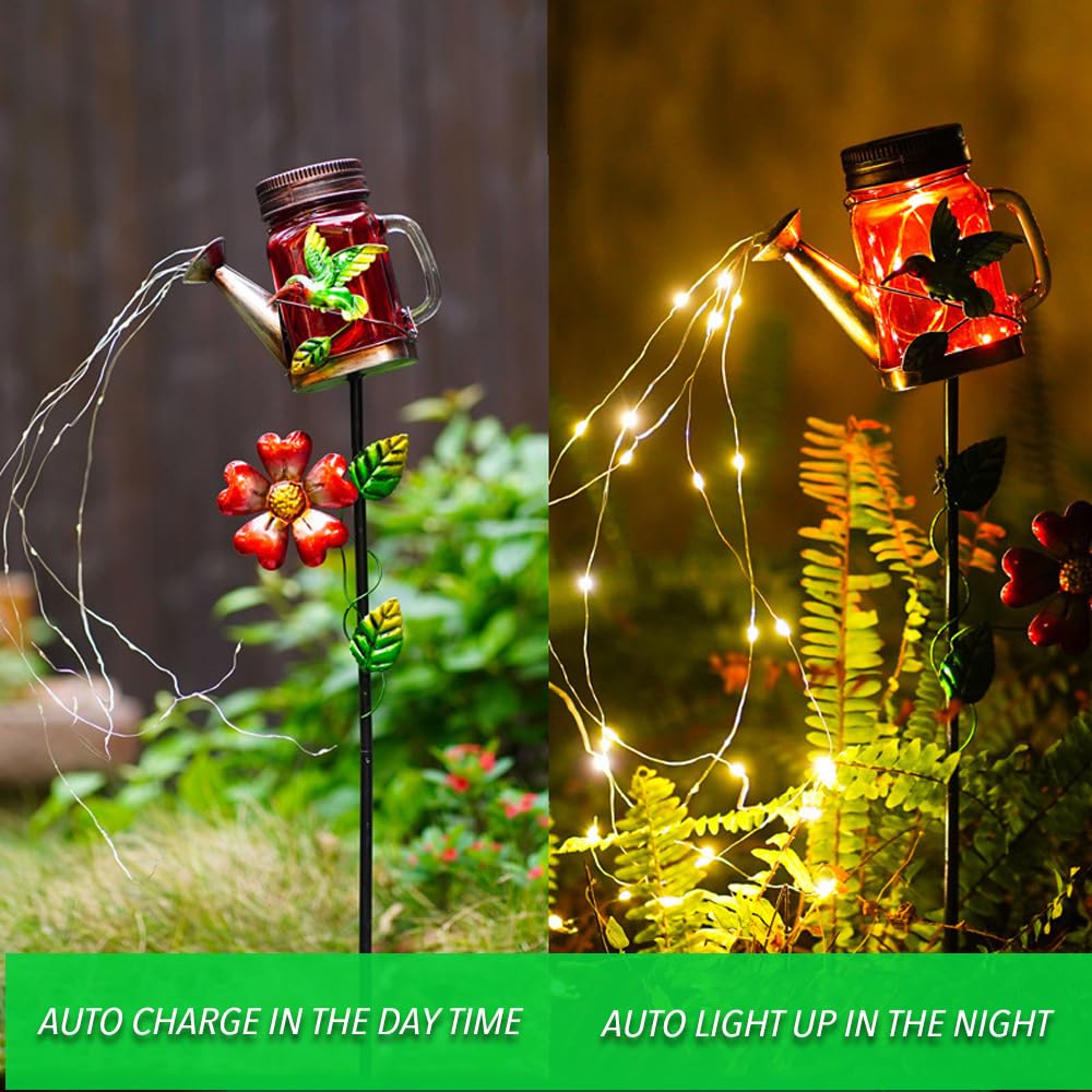Esenthy Solar Mason Jars Watering Can Light Outdoor Hummingbird Decorative Path Solar Fairy Lights For Patio, Yard, Pathway, Lawn, Outside Decor  For Mom Women