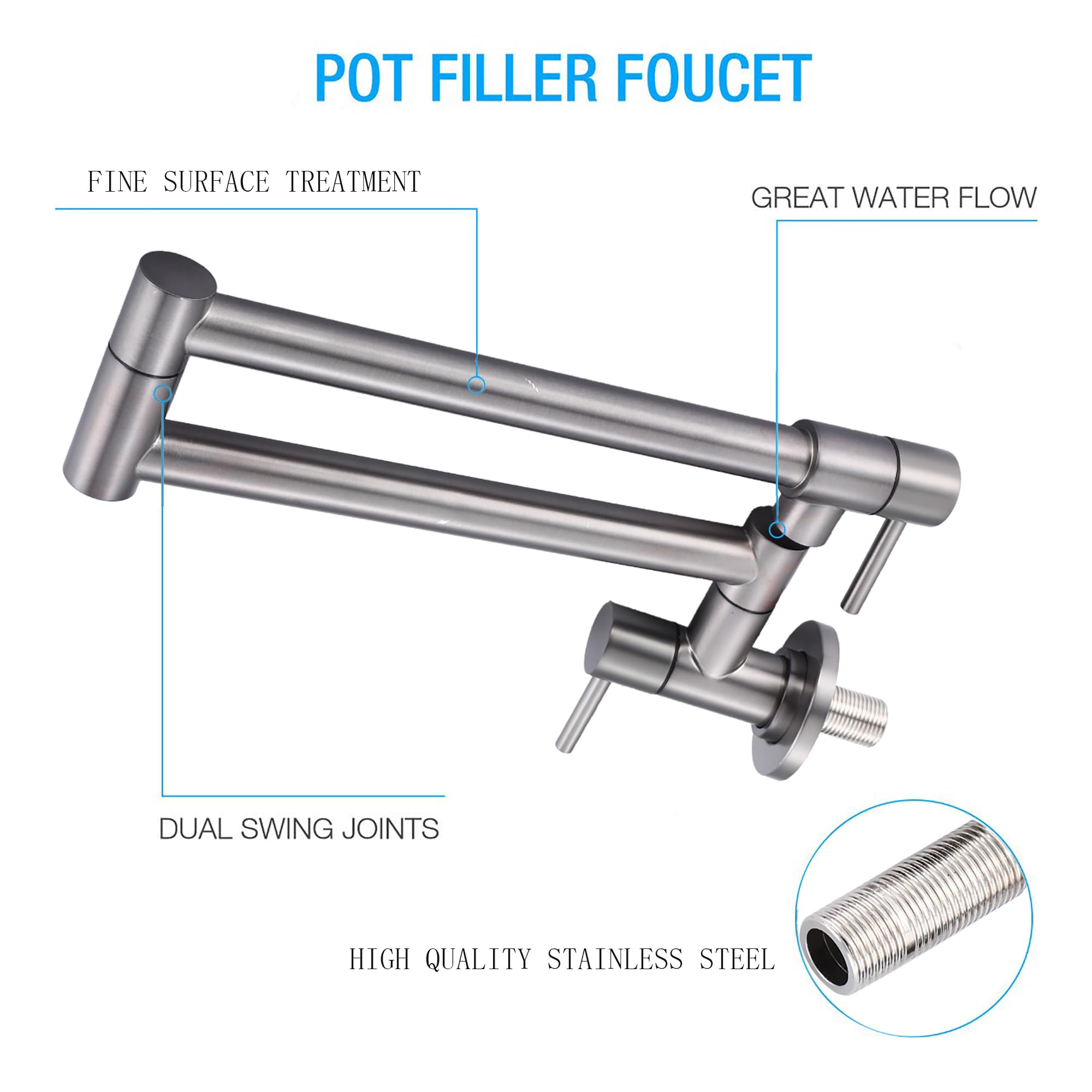Homhii Wall Mount Pot Filler Faucet,Folding Stretchable Kitchen Faucet With Double Joint Swing Arm Brushed Nickel Pot Filler,Stainless Steel Delta Pot Filler Faucet (Grey)