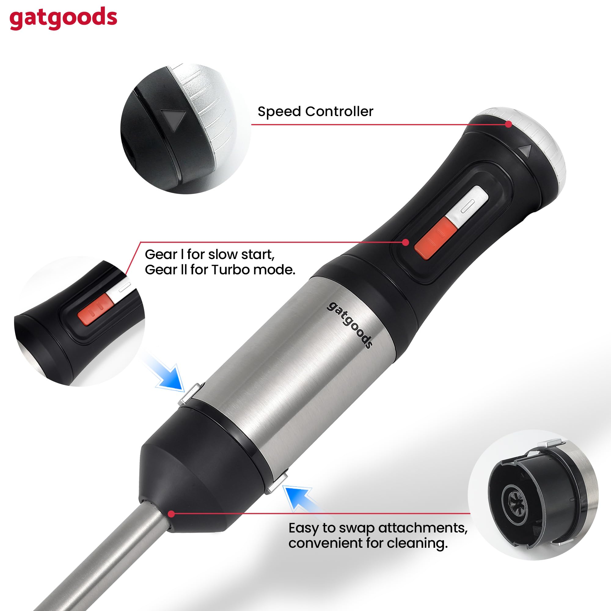 Gatgoods Immersion Blender Corded Hand Blender With Variable Speed, Turbo Mode & Attachments For Whisking, Chopping, Frothering, Pureeing & Emulsions