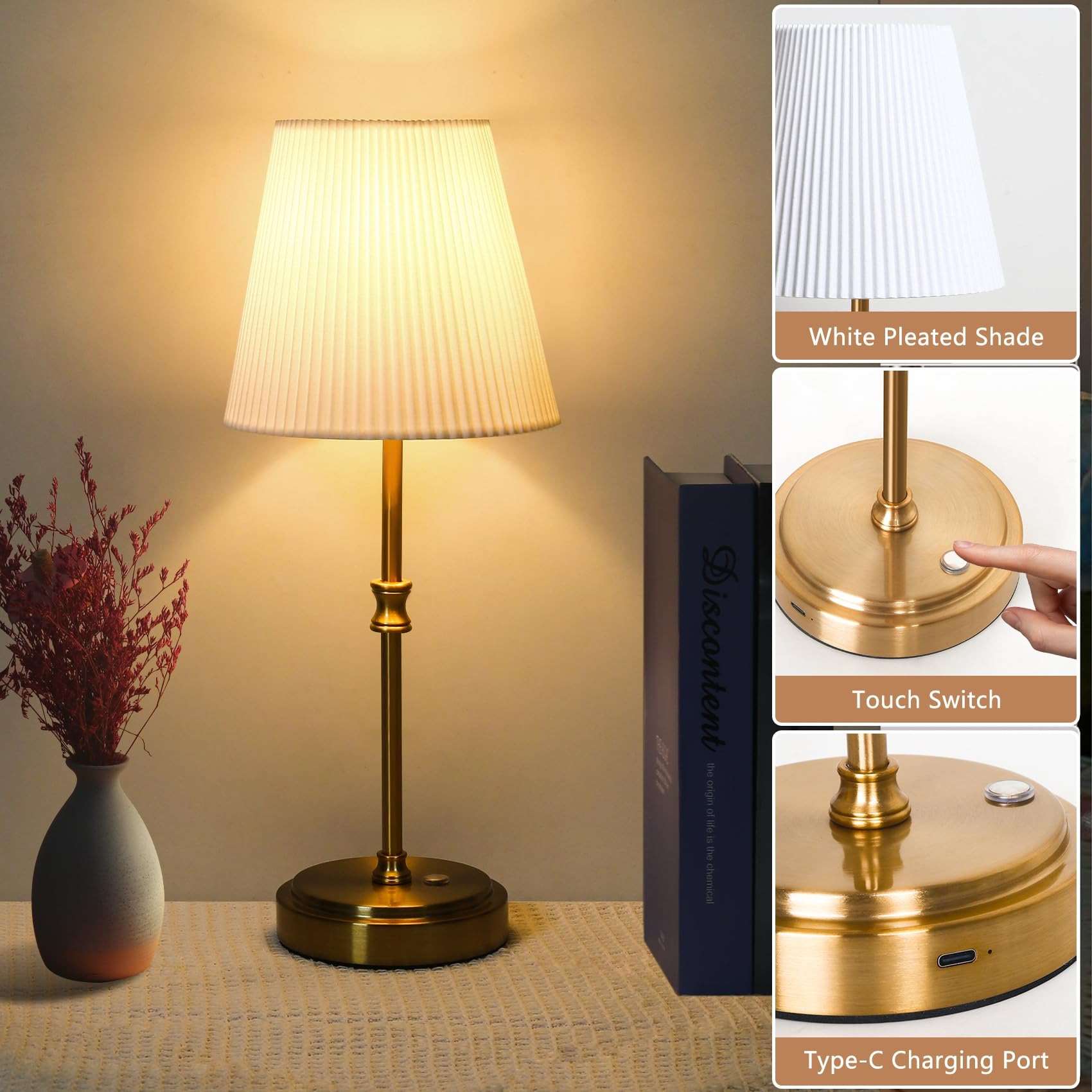 Hugchg Touch Control Cordless Table Lamp, 5000Mah Battery Powered,Bedside Night Lamp With Stepless Dimming, Portable Table Lamp For Bedroom,Restaurants,Offices,Cafe,Gold,2 Pack