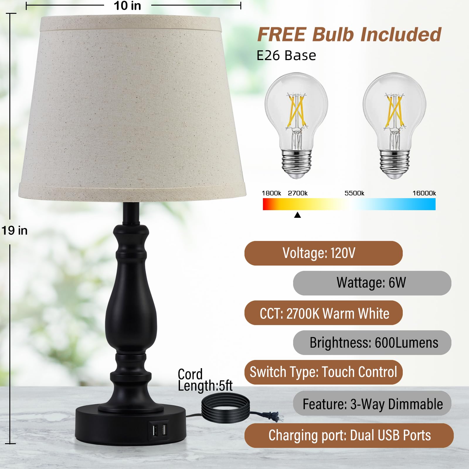Ejiaxin Lamps For Bedrooms Set Of 2, Touch Bedside Table Lamp With Usb Ports, 3 Way Dimmable Nightstand Lamps With Round Fabric Linen Lampshade For Living Room Reading Bed Side End Table, Bulbs Included