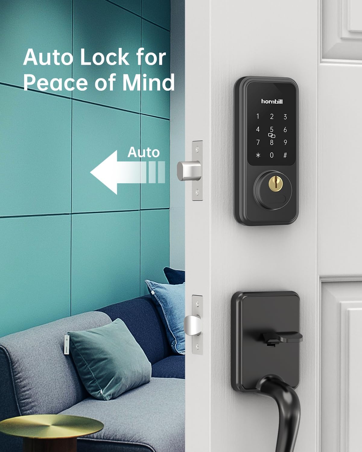 Hornbill Keyless Entry Door Lock With Handle, Smart Front Door Lock Set, Electronic Keypad Deadbolt Lock, Alexa Front Door Handle Set, Digital Lock Via Bluetooth App/Keyfob/Auto Lock-Matte Black