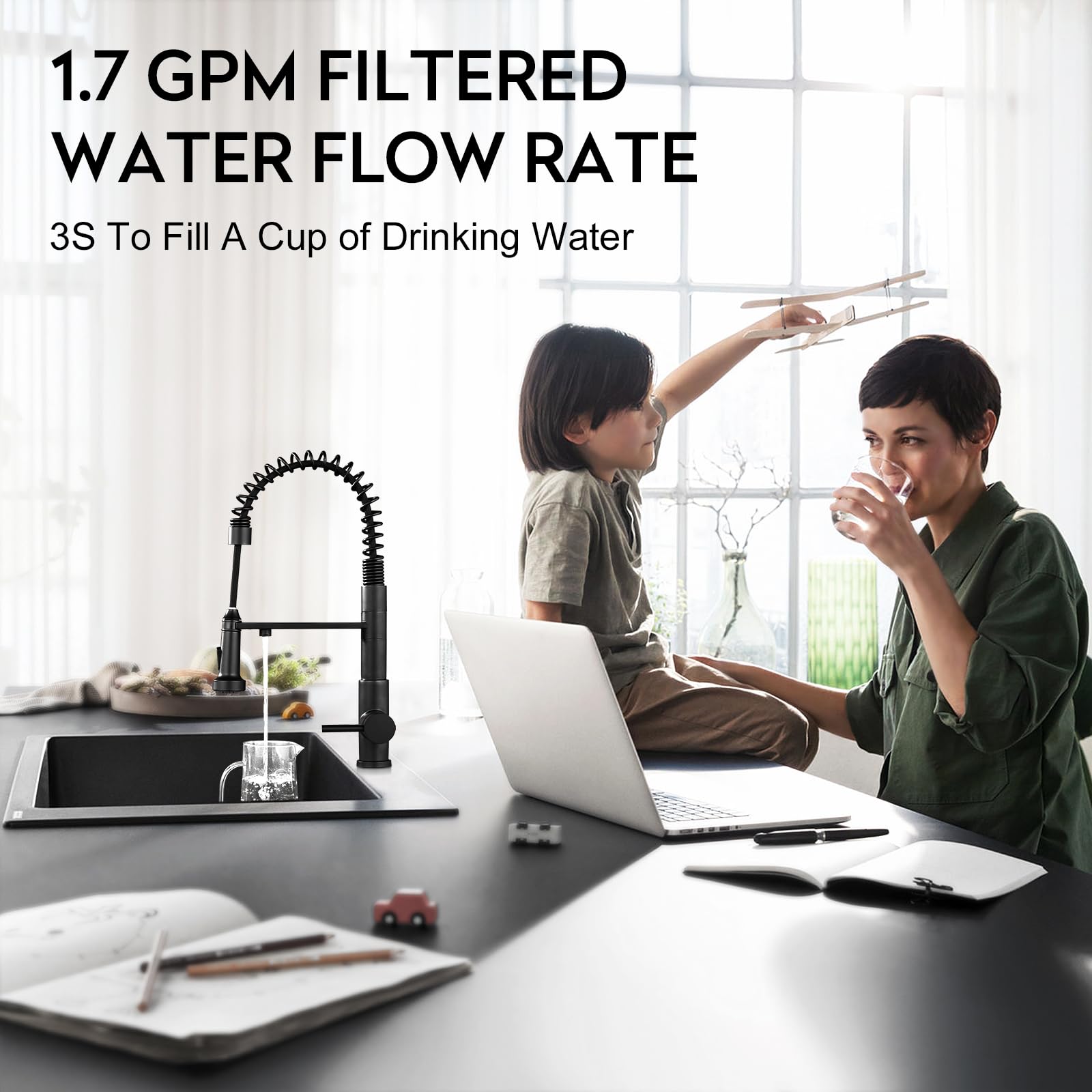 Crea Kitchen Faucets With Water Filter Faucet Buil-In,3 Way Drinking Water Faucet For Kitchen Sink,Black Kitchen Faucet With Pull Down Sprayer,Rotatable Spring Gooseneck Stainless Steel Single Handle