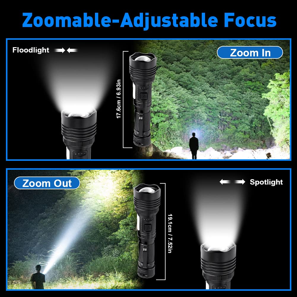 Abnaok Magnetic Rechargeable Led Flashlights, 90000 High Lumens Flashlight, 300W White Led Utility Flashlight With Cob Work Light, Zoomable, 7 Modes, Waterproof Flashlights For Emergencies, Camping