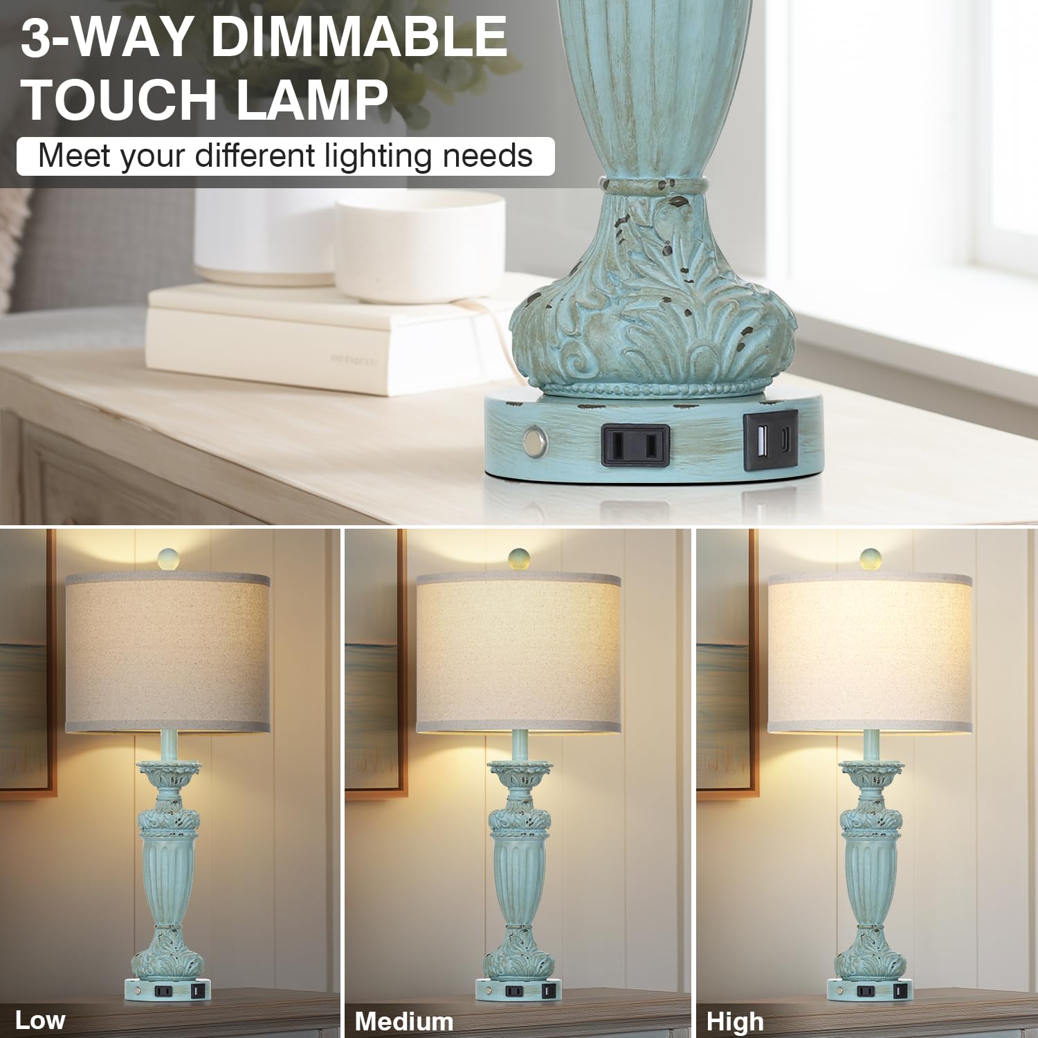 Rinweey 27.5" Farmhouse Resin Table Lamps Set Of 2 For Living Room 3-Way Dimmable Table Lamp With Usb C+A Ports,Light Blue Desk Lamps,Traditional Bedside Lamps Use For Bedroom Nightstand (Blue)