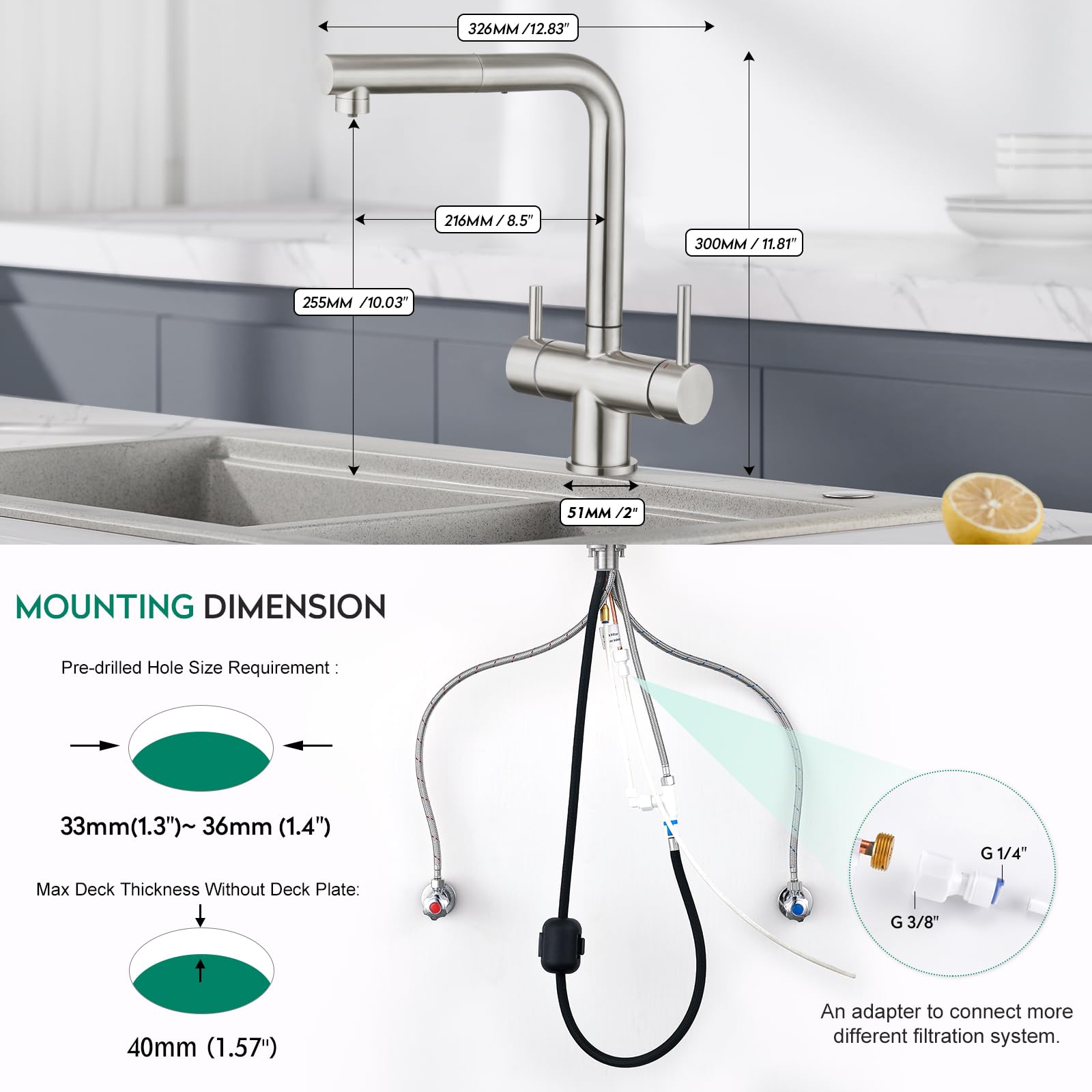 Crea 3 Way Kitchen Faucet With Pull Down Sprayer & Water Filter Built-In,Drinking Water Faucet For Kitchen Sink Purifier Water Filter,2 Handles Bar Faucet 1 Hole Brushed Nickel Stainless Steel