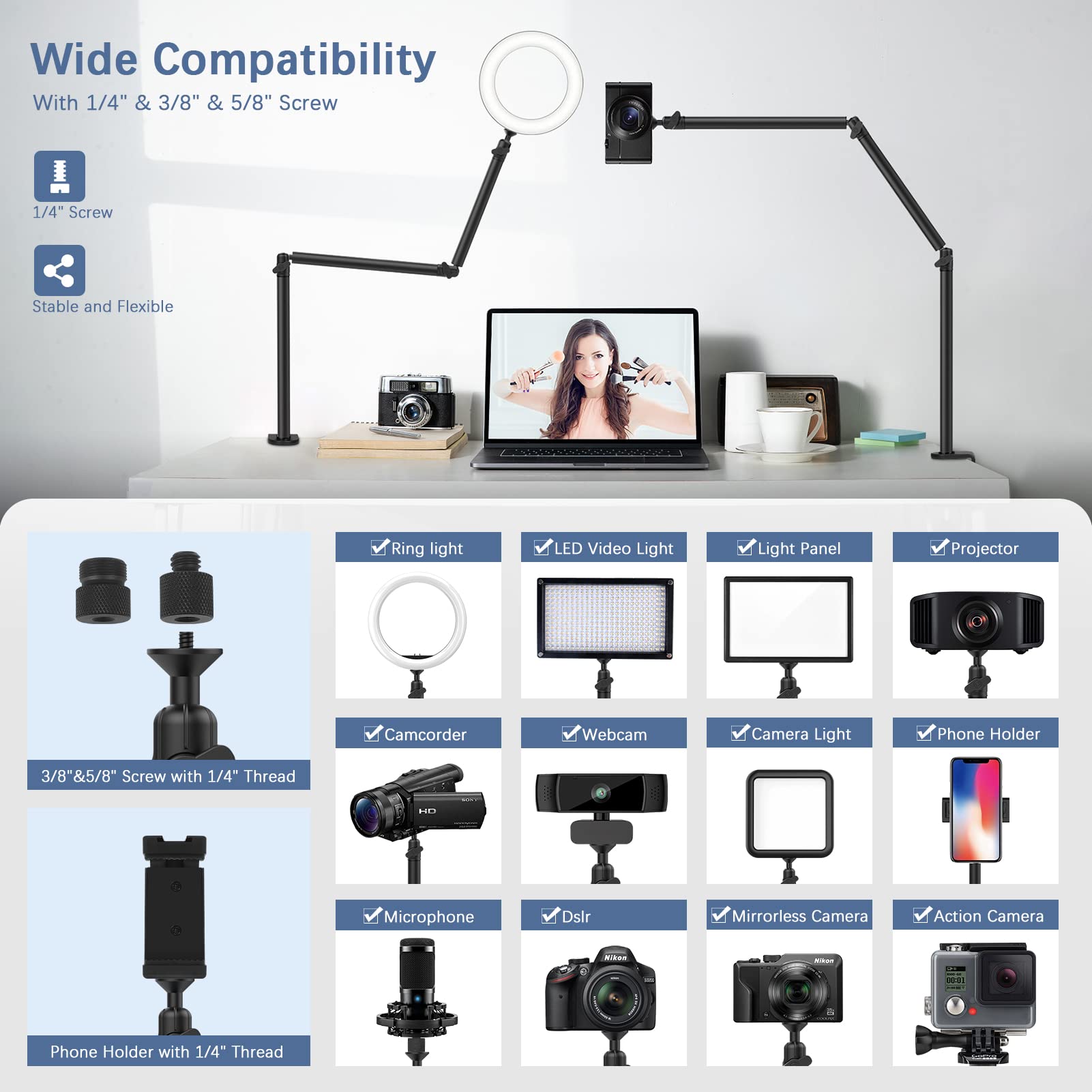 Tinpops Overhead Camera Desk Mount Stand, Webcam Stand Microphone Boom Arm Stand With 1/4“ 3/8" 5/8" Screw For Dslr Camera Photography/Videography/Live Streaming/Photo Shooting/Broadcast