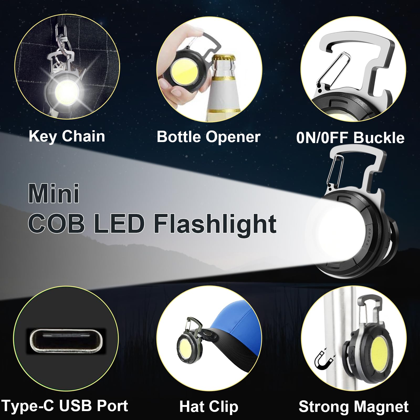 Sefone Keychain Flashlight 2 Pack, 1000 Lumens Edc Flashlight Cob Work Light, Bottle Opener Keychain Mini Pocket Flashlight With Magnet Bracket Folding For Biking Fishing Running