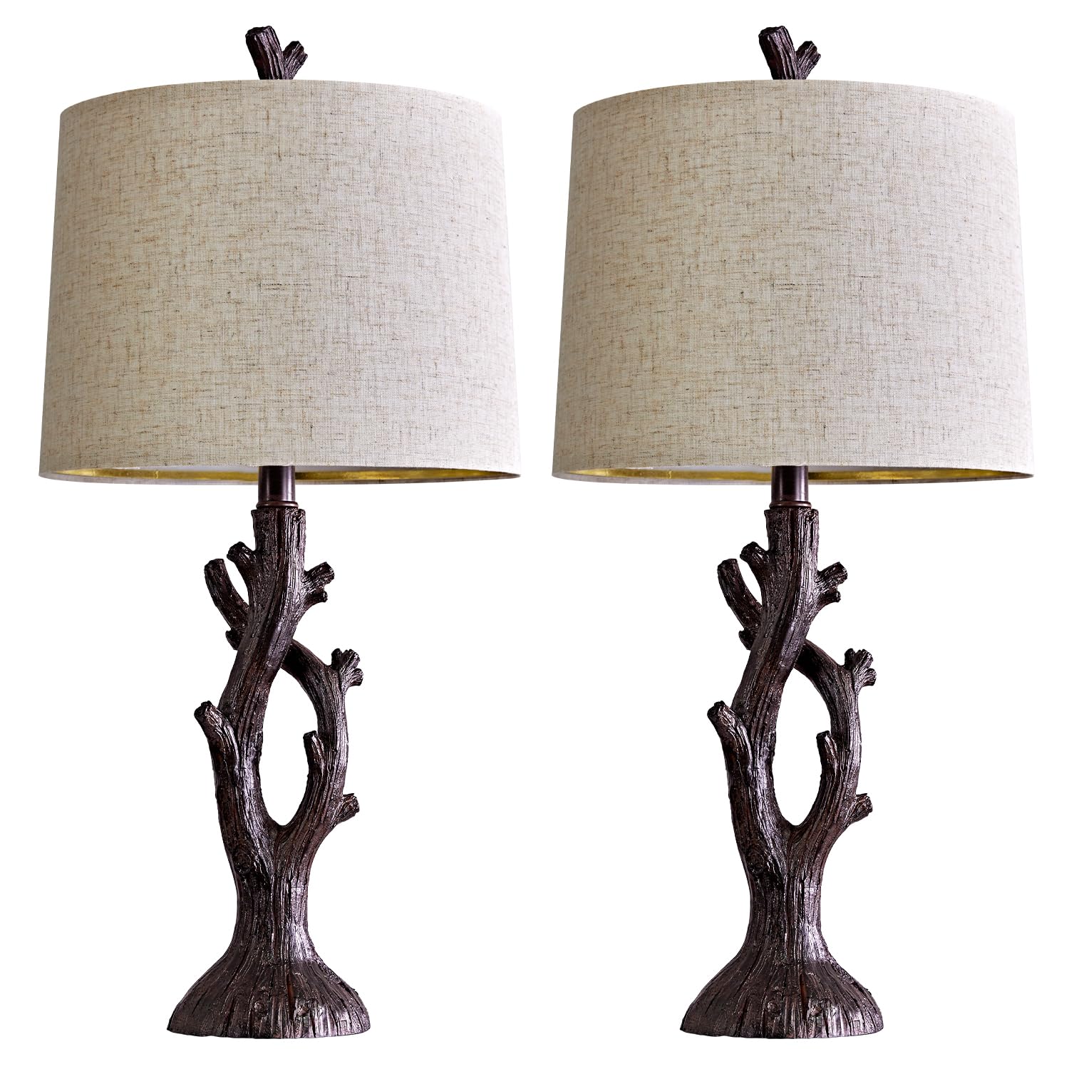 Oyears 25" Farmhouse Table Lamp Set Of 2 For Living Room Bedroom Resin Bedside Tree Lamp Nightstand End Table Lamps Vintage Natural Style
