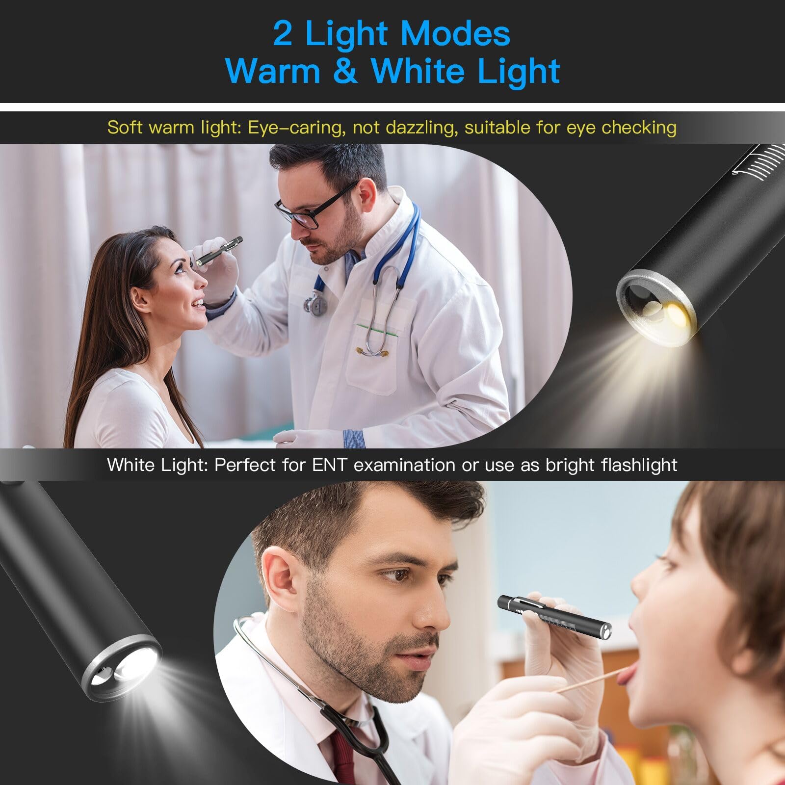 Cosoos 2 Rechargeable Pen Lights With Pupil Gauge & Ruler, Mini Led Penlights For Nurses Doctors, Warm/White Light With Clip, Usb Rechargeable Penlight Flashlight  For Nursing Student