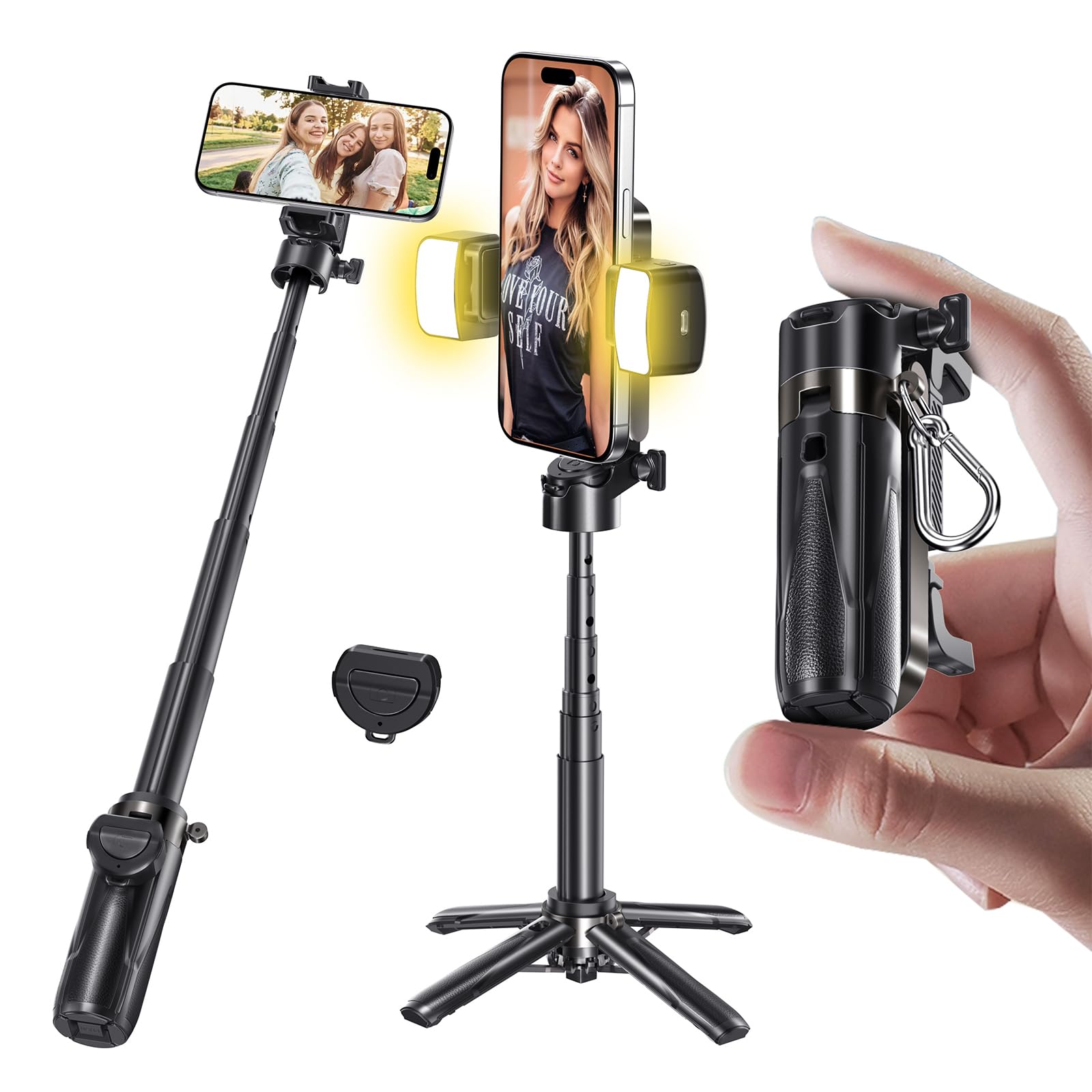 Magic John Phone Tripod, Portable Selfie Stick, Pocket Size Selfie Stick For Iphone, Selfie Stick With Wireless Detachable Remote Control & 2 Fill Light For Photograph, Live Streaming, Video Recording