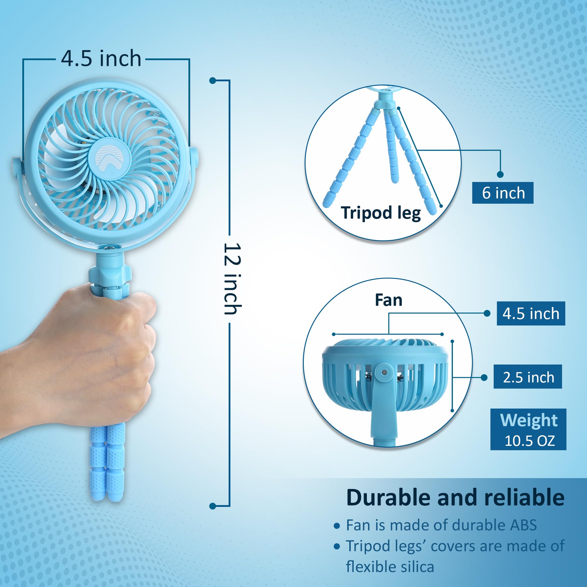 Ayl battery-operated portable fan with 360° rotating design, USB rechargeable, and built-in lights for strollers