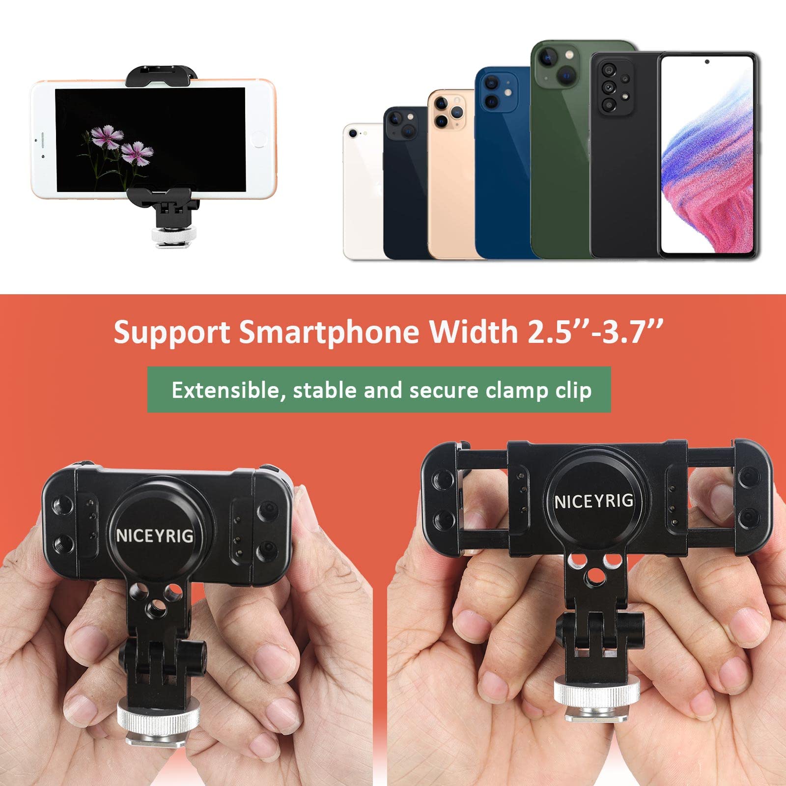 Niceyrig Aluminum Tripod Mount Holder For Iphone 16/15/14/13/12/11 Pro 6.1'', Pro Max 6.7'', Vlog Vlogging Smartphone Video Clamp With Cold Shoe Mount For Dslr Camera - 515