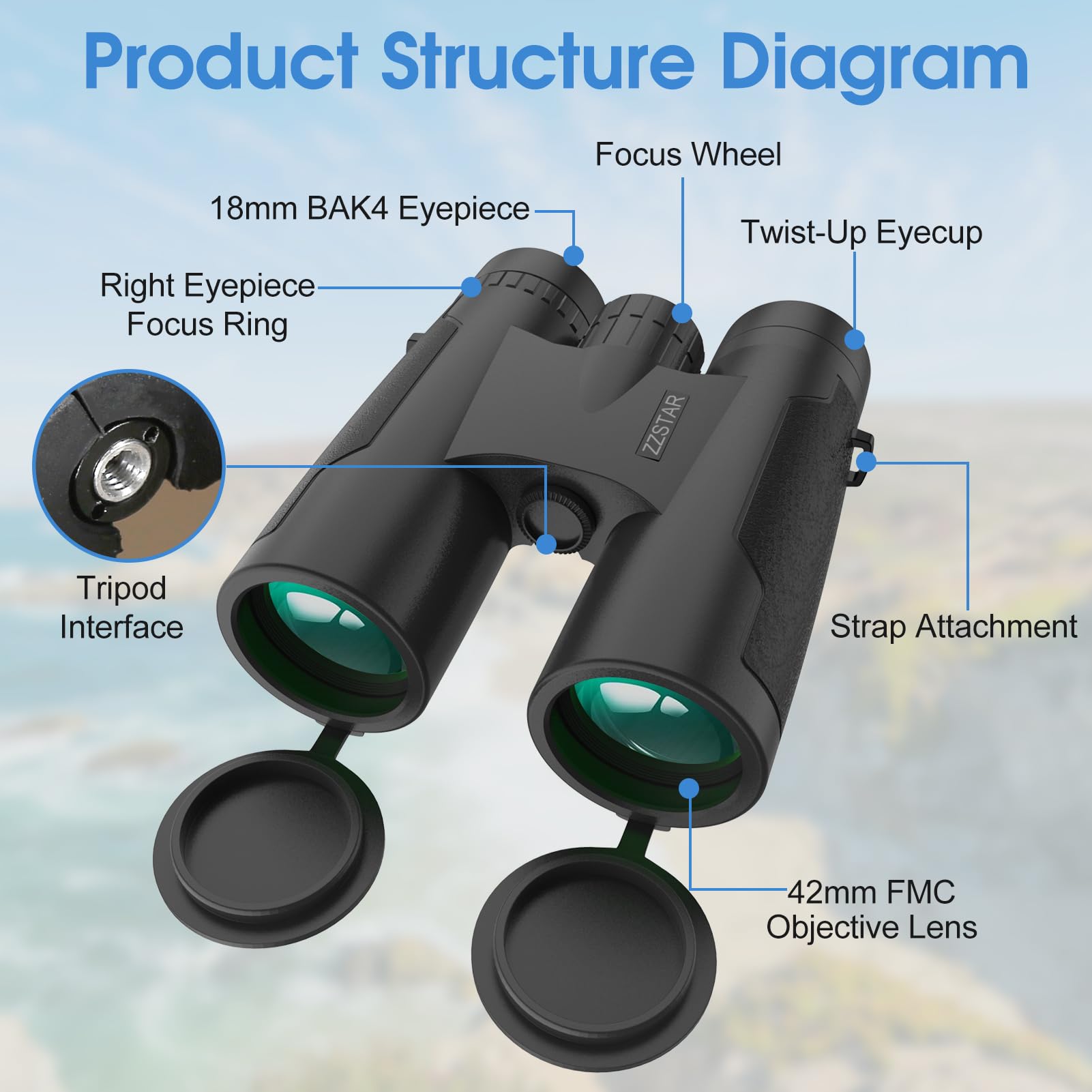 Zzstar 12X42 Binoculars For Adults High Powered, Professional Hd Binoculars With Clear Low Light Vision, Large View, Waterproof, For Bird Watching Hunting Hiking Travel Football Game