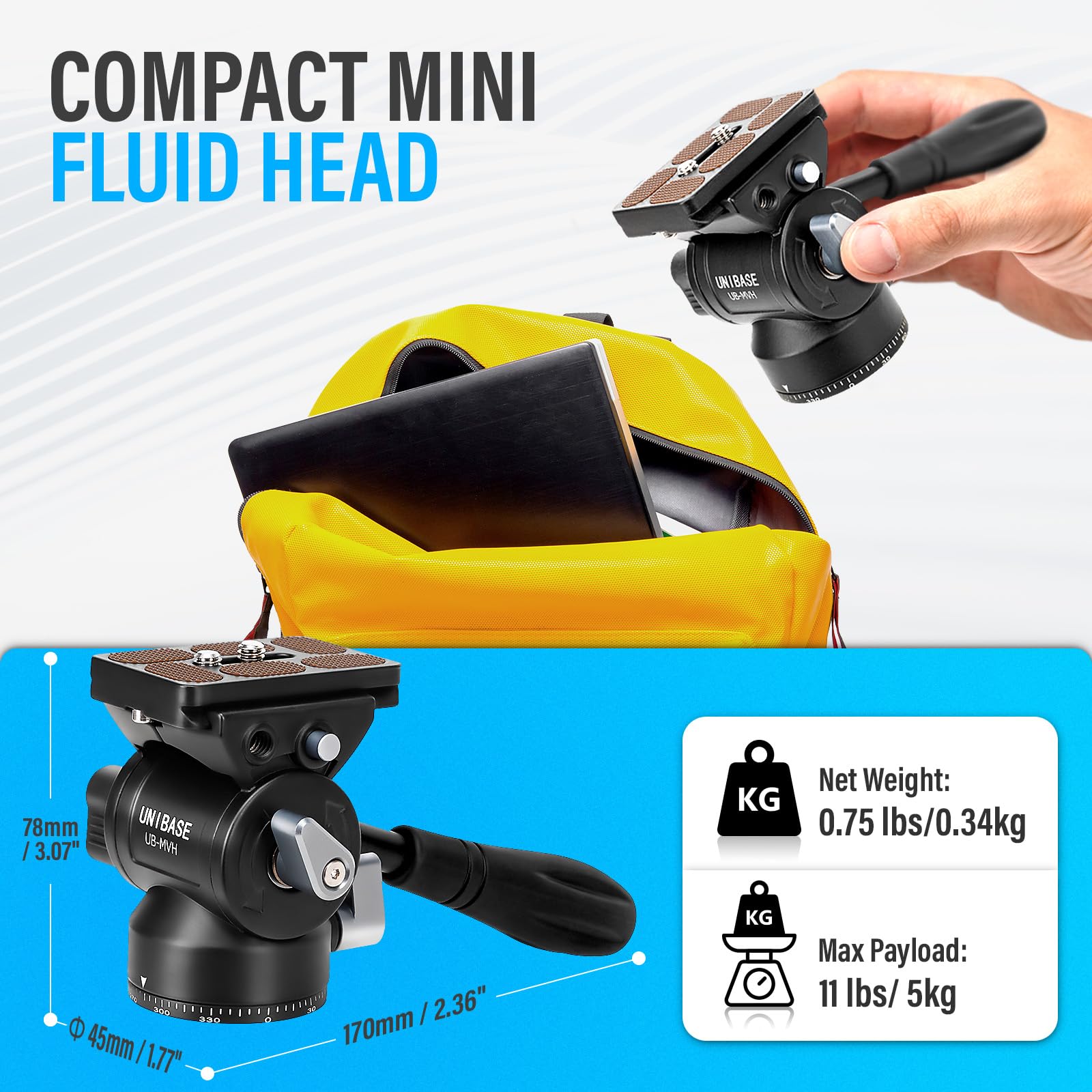 Unibase Tech Unibase Video Fluid Head For Camera Tripod, Pan Tilt Video Head With Arca Swiss Quick Release Plate, Panoramic Head For Compact Dslr Camera Mirrorless Camera, 11Lbs/ 5Kg Max Payload