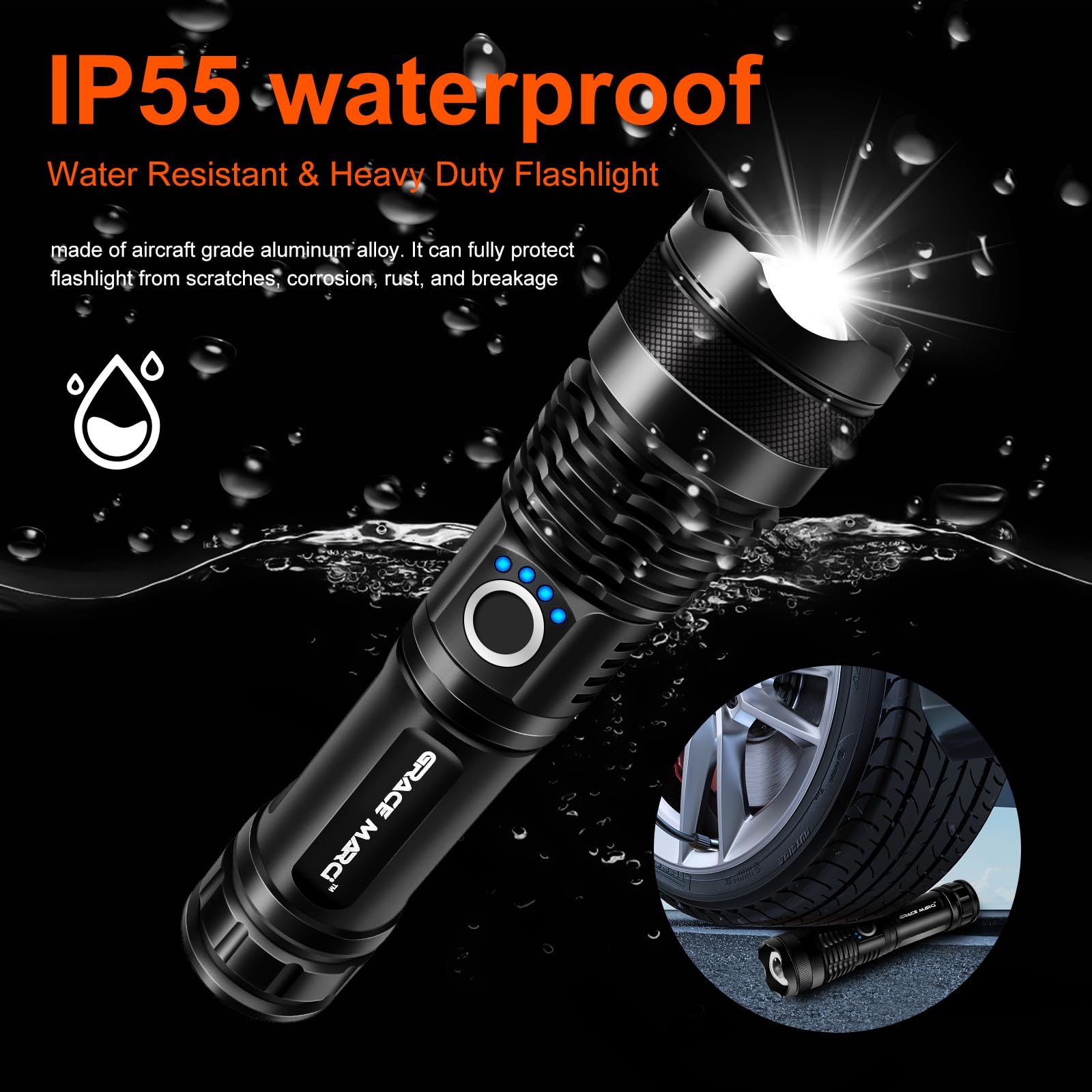 Grace Marci Rechargeable Flashlights, High Lumen Super Bright 150000 Lumens, Led Flashlight With 5 Modes, Ip55 Waterproof, Powerful Handheld Light For Camping, Hiking, Emergency