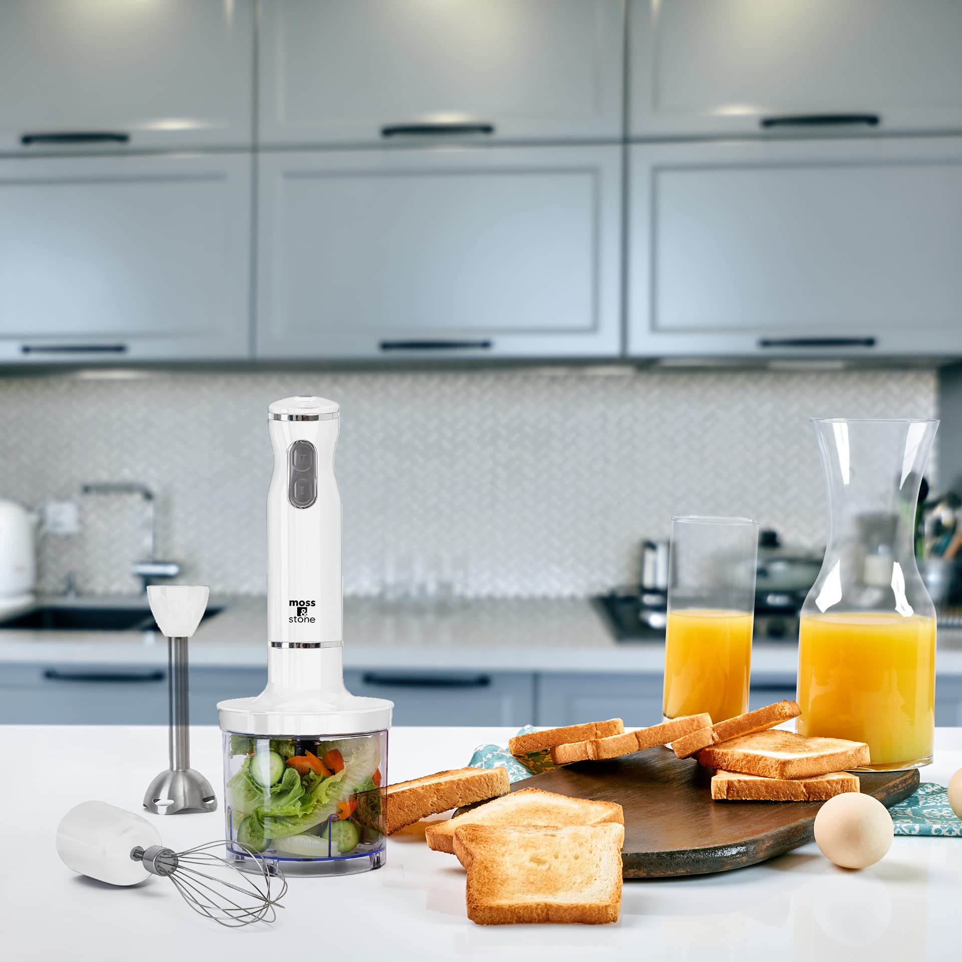 Moss & Stone Hand Blender With Egg Whisk & Chopper, Powerful 300 Watt Stick Blender, Hand Mixer Set Stainless Steel Shaft & Blades, White Handheld Blender With Ergonomic Handle