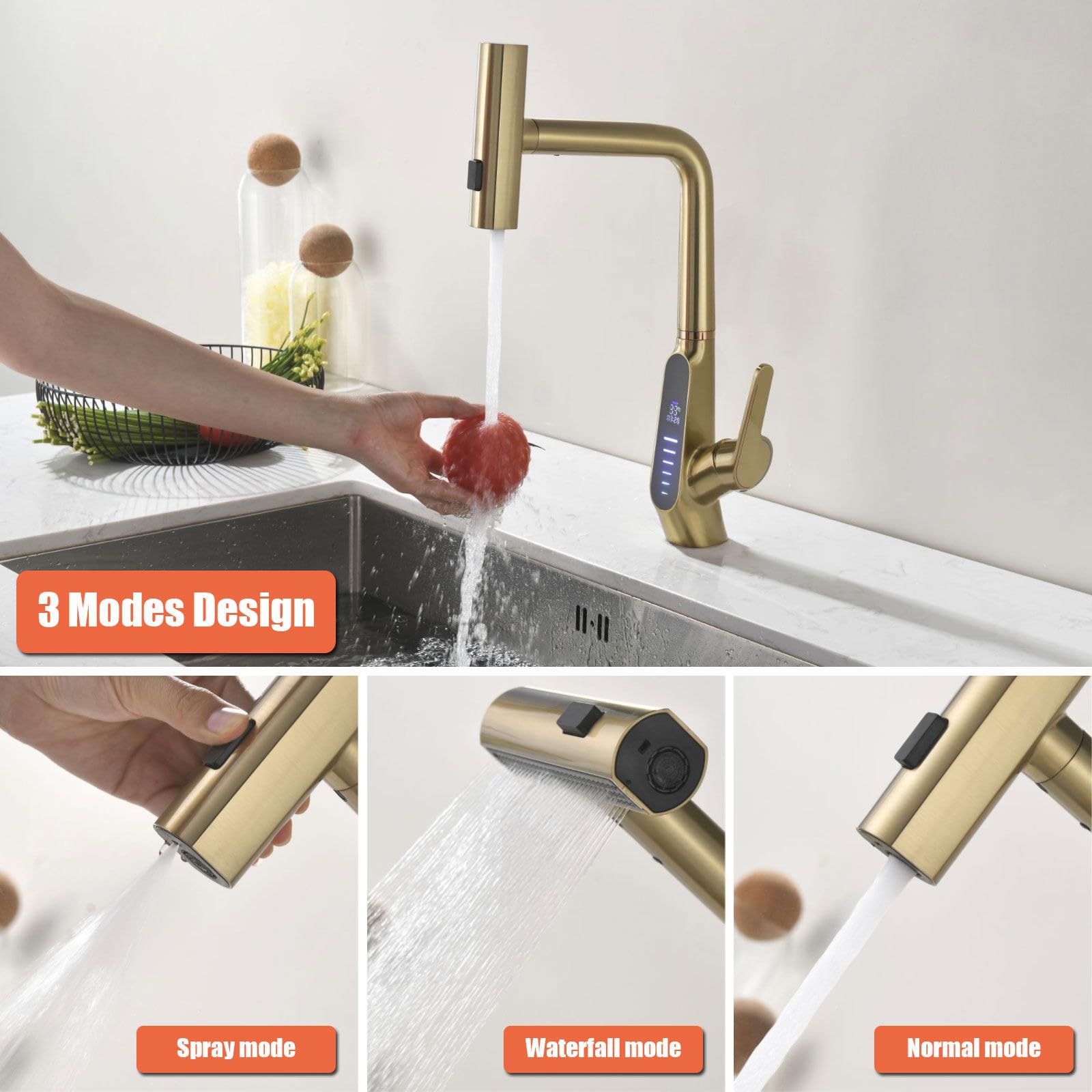 Beith Waterfall Kitchen Sink Mixer Taps With Pull Out Sprayer, 3 Modes Kitchen Sink Faucet, 360° Rotation, Digital Display, Single Lever Kitchen Tap, 59A Copper, Anti-Corrosion, Durable