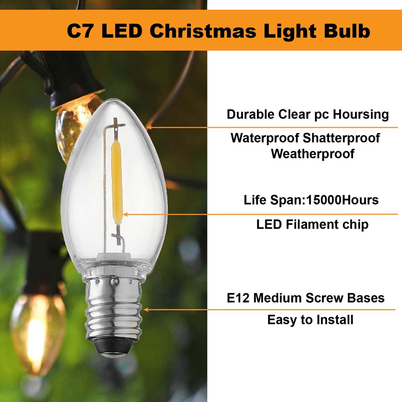 Abulber 25 Pack C7 Led Replacement Light Bulb,Shatterproof,Waterproof,Plastic Led Bulbs For Christmas Indoor Outdoor String Lights,E12 Base Warm White