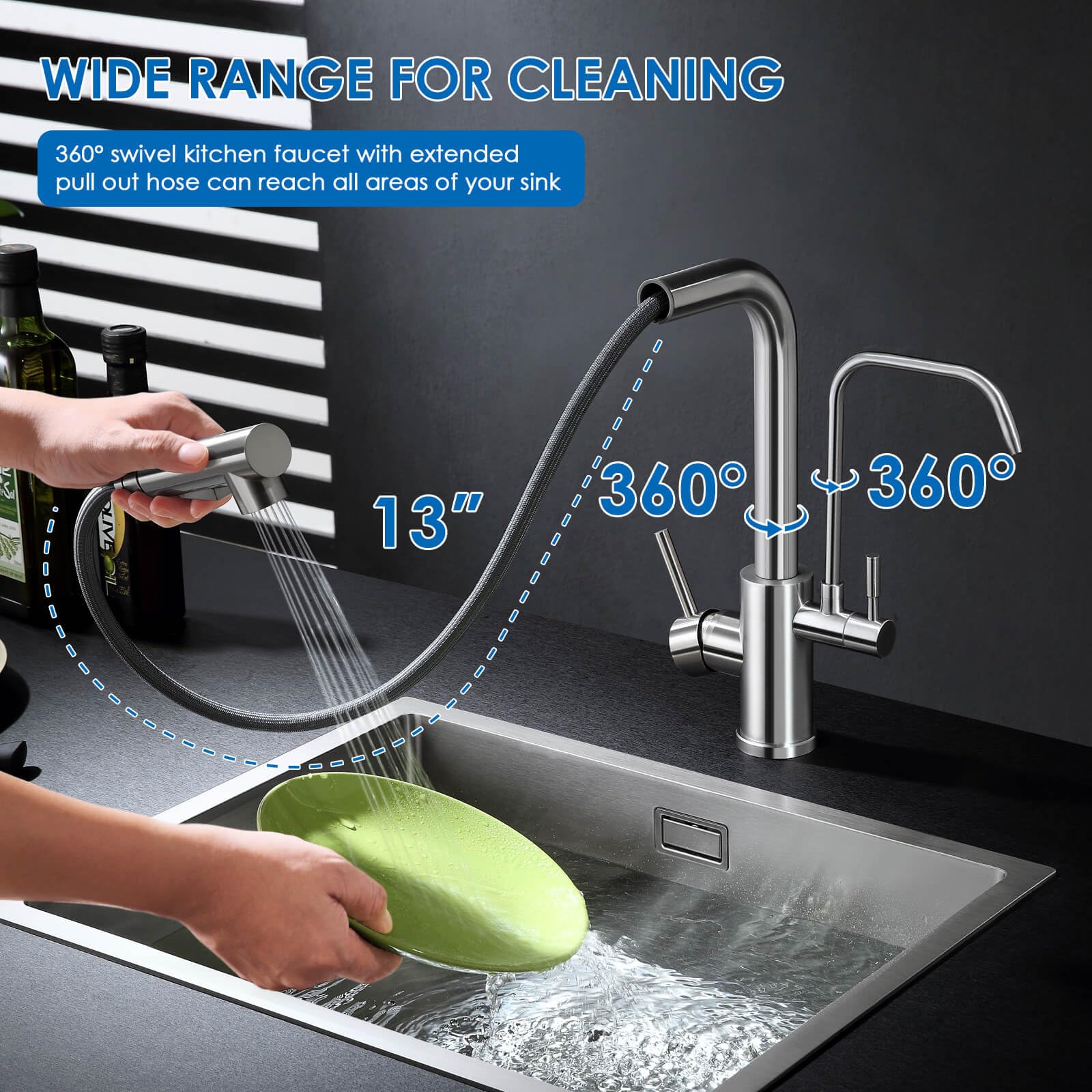 Rovogo Kitchen Sink Faucet With Filtered Drinking Water Spout And Pull Out Sprayer, Dual Handle Single Hole, 304 Stainless Steel, Brushed
