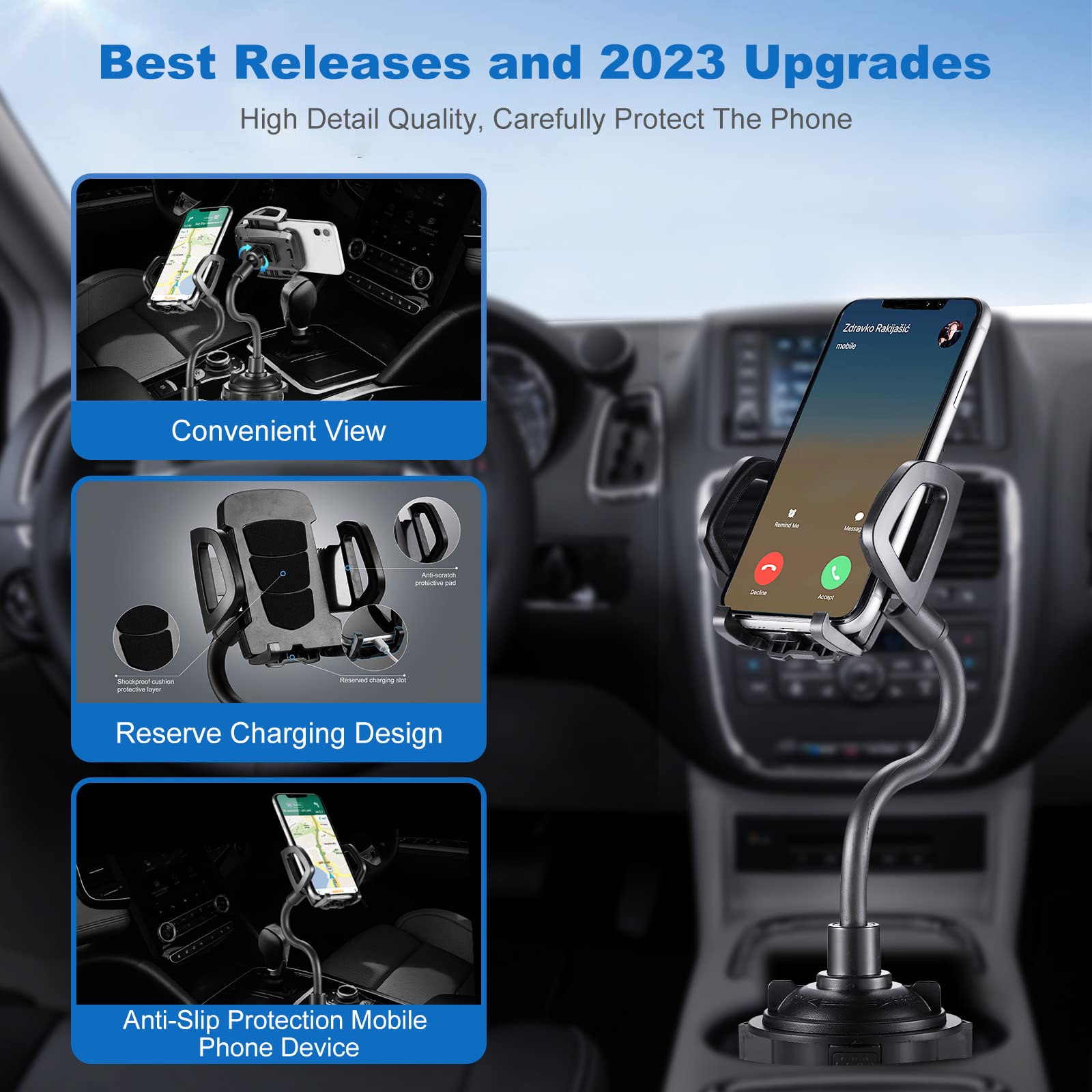 Yuheng Car Cup Holder Phone Mount With 360 Rotation Adjustable Gooseneck, Car Phone Holder For All Smartphones